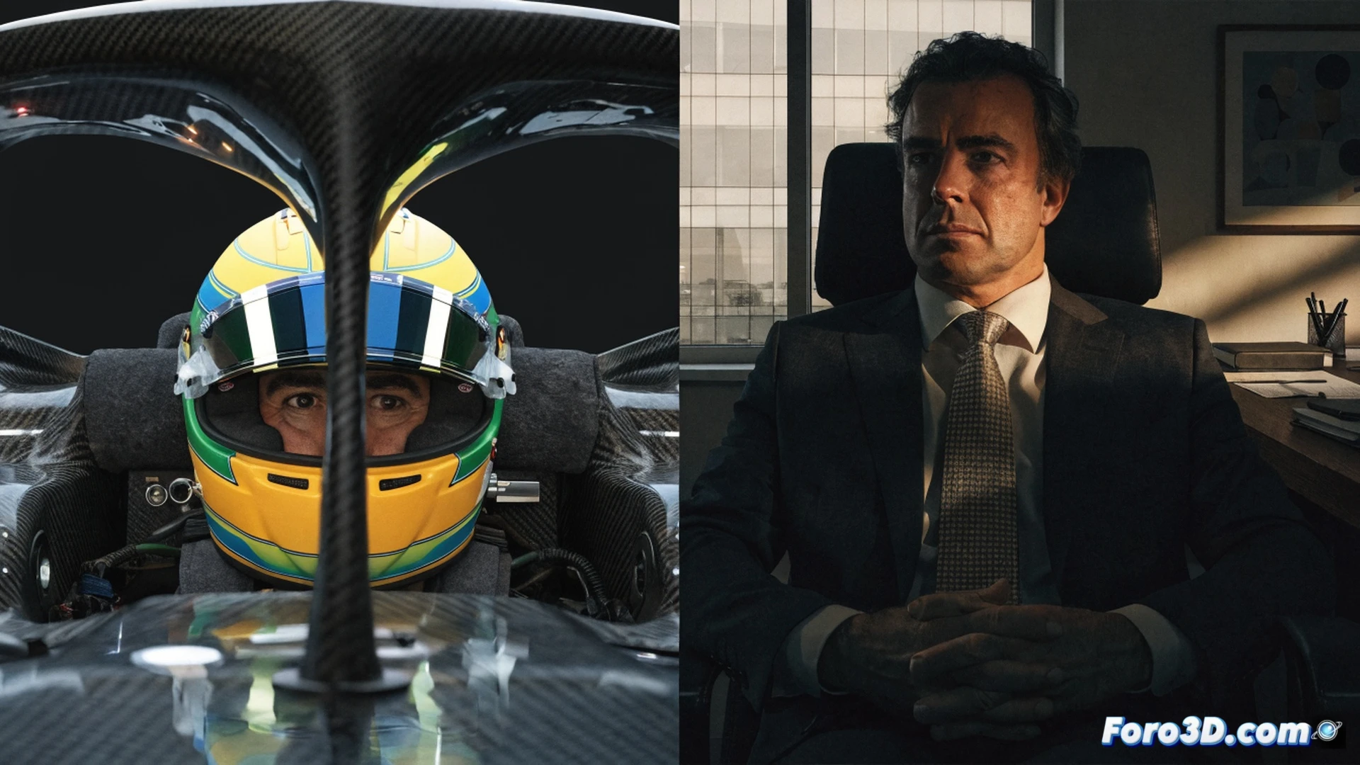 Fórmula 1 Aston Martin garaje nocturno, Fernando Alonso con mono de equipo observando una pantalla holográfica de datos de telemetría, ingenieros ajustando el alerón trasero del monoplaza verde, luces LED azules iluminando el cockpit vacío, cronómetro digital mostrando 2027, ambiente de transición entre piloto y director técnico, herramientas de carbono y fibra de vidrio sobre la mesa, estilo cinematográfico fotorrealista, sombras dramáticas, texturas metálicas pulidas, acción de planificación estratégica