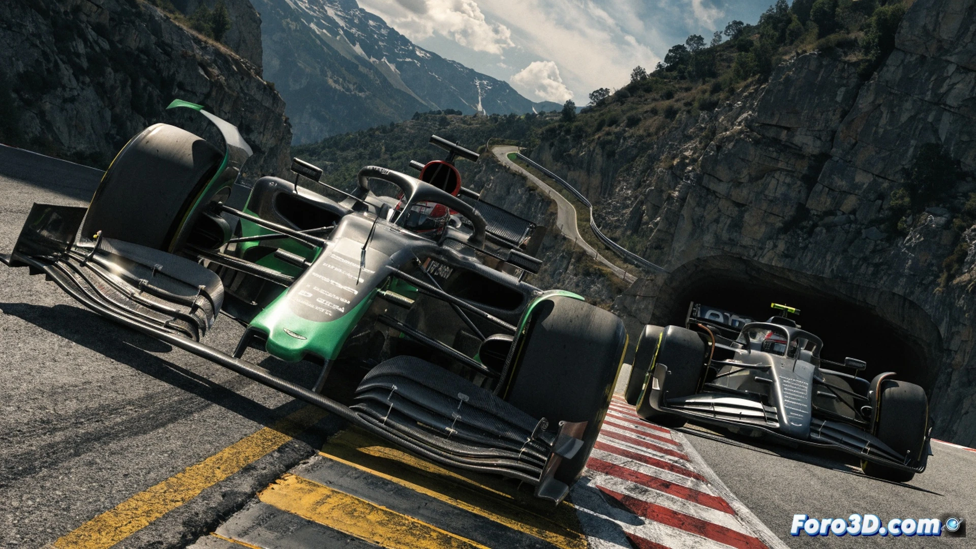 Aston Martin AMR23 being lapped by three Formula 1 cars on a dusty Austrian circuit, rear wing showing extreme turbulence and drag, front tires graining heavily, suspension components under visible stress, cockpit view of driver struggling with understeer, team pit wall displaying frustrated engineers analyzing telemetry screens, cinematic engineering visualization, harsh sunlight casting long shadows over worn asphalt, metallic blue livery with scuffed bodywork, realistic mechanical wear on diffuser and floor edges, photorealistic technical render, dramatic low-angle shot capturing speed differential between cars.