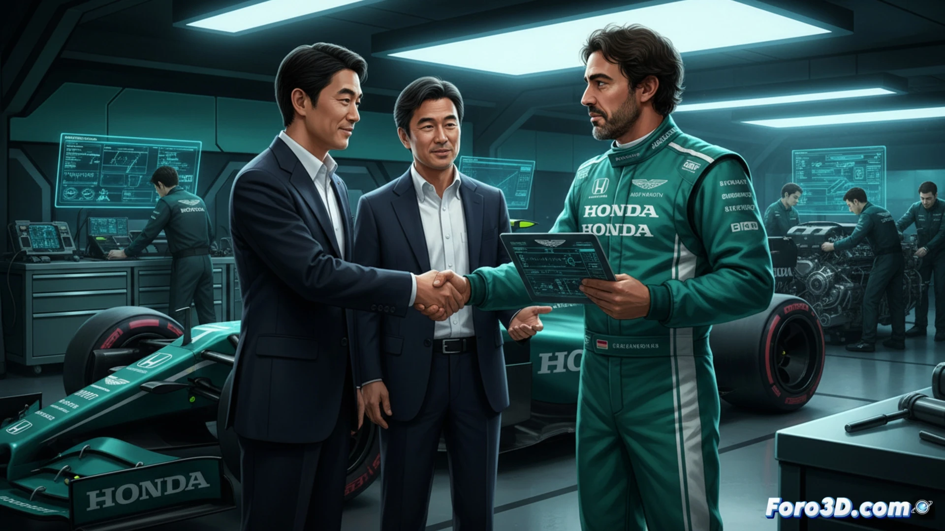 Fernando Alonso en mono de Aston Martin señalando un motor Honda expuesto en un banco de pruebas, ingenieros japoneses observando y tomando notas en tablets técnicas, gráficos de rendimiento en pantallas holográficas mostrando curvas de potencia, herramientas de precisión sobre la mesa, ambiente de taller iluminado con luces LED azules y blancas, acción de diálogo técnico entre piloto y equipo, estilo cinematic photorealistic, enfoque en componentes mecánicos detallados, cables de sensores conectados al bloque motor, expresión concentrada del piloto mientras gesticula explicando, fondo con bastidor de Aston Martin verde oscuro