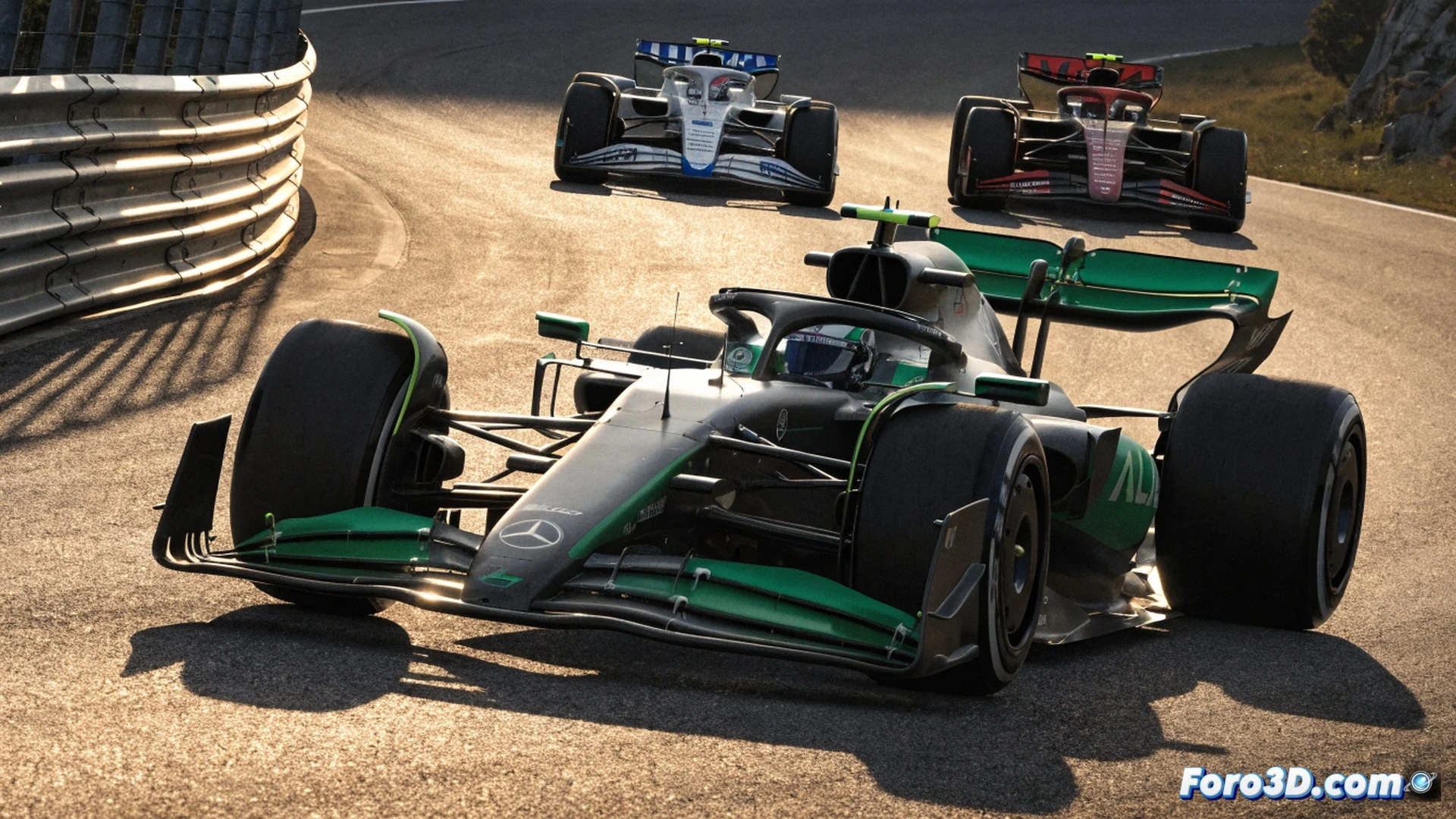 Aerodynamic simulation of three Formula 1 cars on a rain-soaked straight, Alpine leading with aggressive diffuser and rear wing generating clean downforce streaks, Williams trailing with turbulent airflow disrupting rear tyre grip, Aston Martin fishtailing with visible rear suspension flex, glowing CFD particle trails showing Alpine’s efficient wake versus turbulent slipstreams behind others, cinematic engineering visualization, photorealistic technical render, dramatic storm lighting, wet track reflections, carbon fibre bodywork with water beads, motion blur on spinning wheels, ultra-detailed suspension and brake ducts