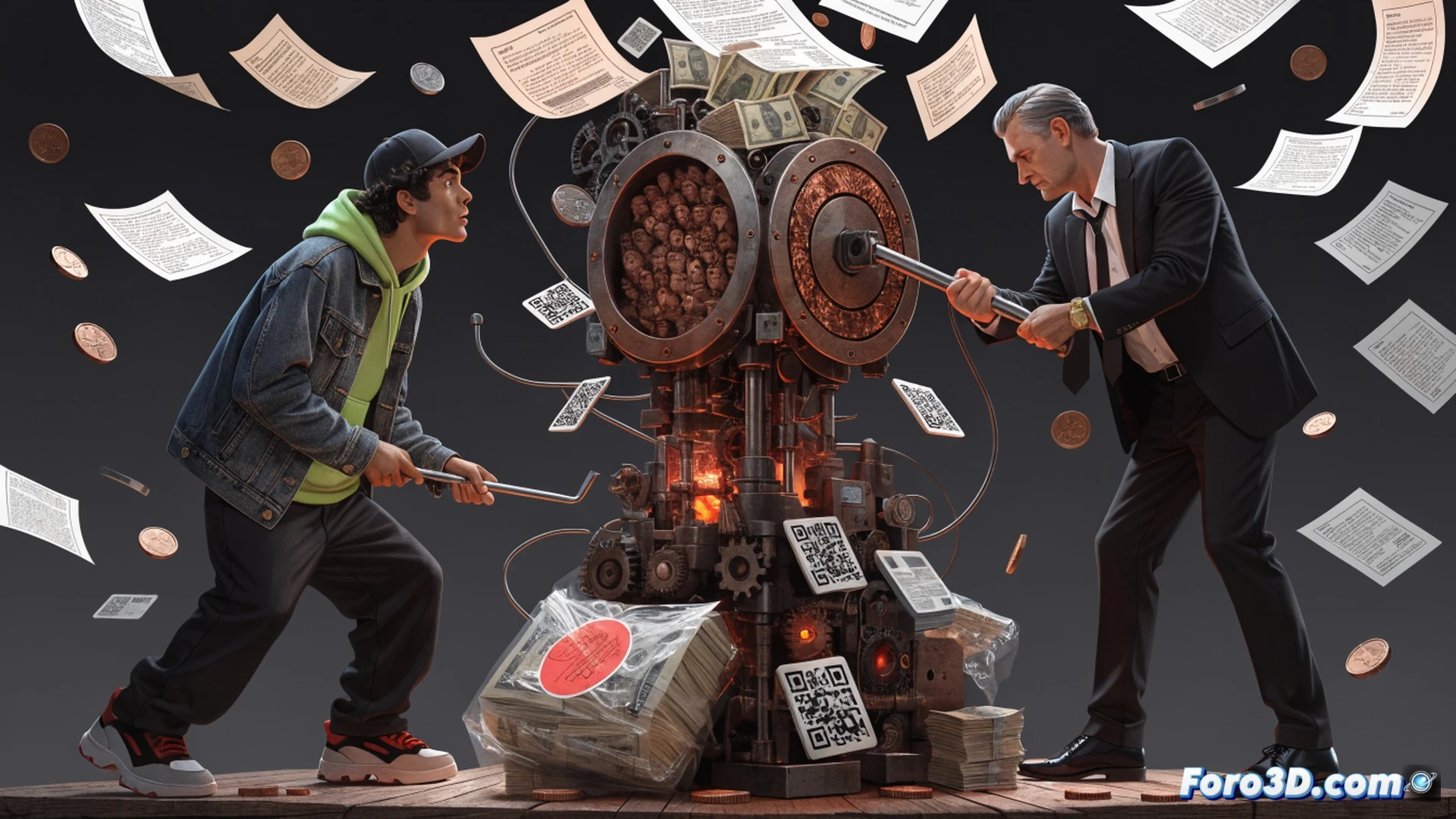 Photorealistic wide-angle scene of a tenant handing a stack of cash to a landlord in a dimly lit apartment hallway, landlord wearing a hoodie and mask while grabbing the money and vanishing through a door, tenant’s hand frozen mid-air with keys dangling, broken smartphone on floor showing a deleted rental app interface, cracked plaster walls with peeling paint, forensic blue light illuminating hidden camera wires and forged contract papers scattered on the ground, cinematic noir lighting, deep shadows, surveillance camera lens effect, ultra-detailed textures of dust and worn flooring, tense freeze-frame action, technical crime-scene visualization.