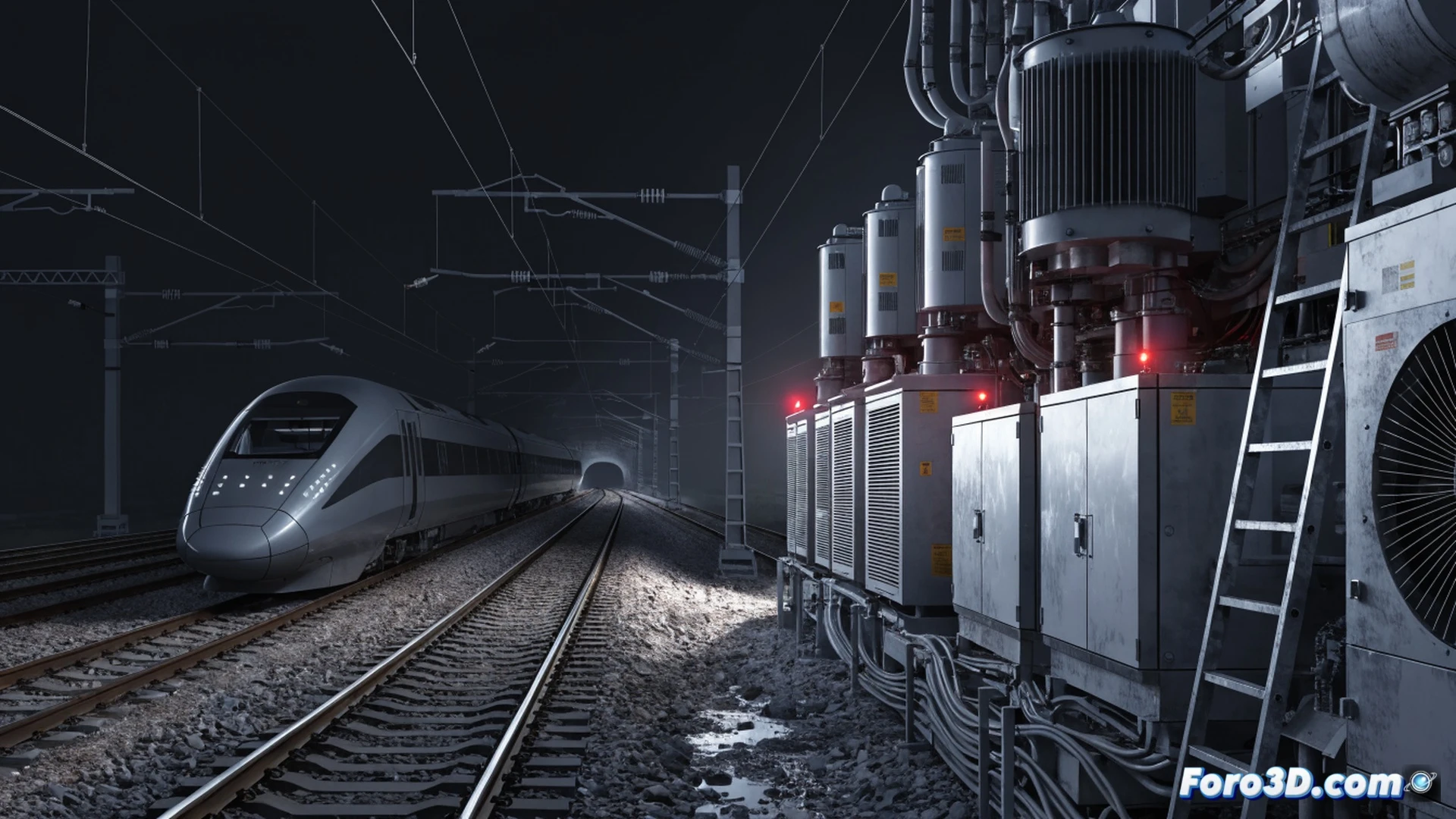 high-speed train stopped on electrified track between Milan and Bologna, overhead catenary wires sparking with electrical failure, maintenance engineers inspecting damaged power transformer near railway pole, warning signs flashing red, passengers visible through train windows looking frustrated, cloudy sky casting grey light, technical inspection tools on ground, photorealistic engineering visualization, dramatic industrial lighting, ultra-detailed mechanical components, motionless scene emphasizing disruption