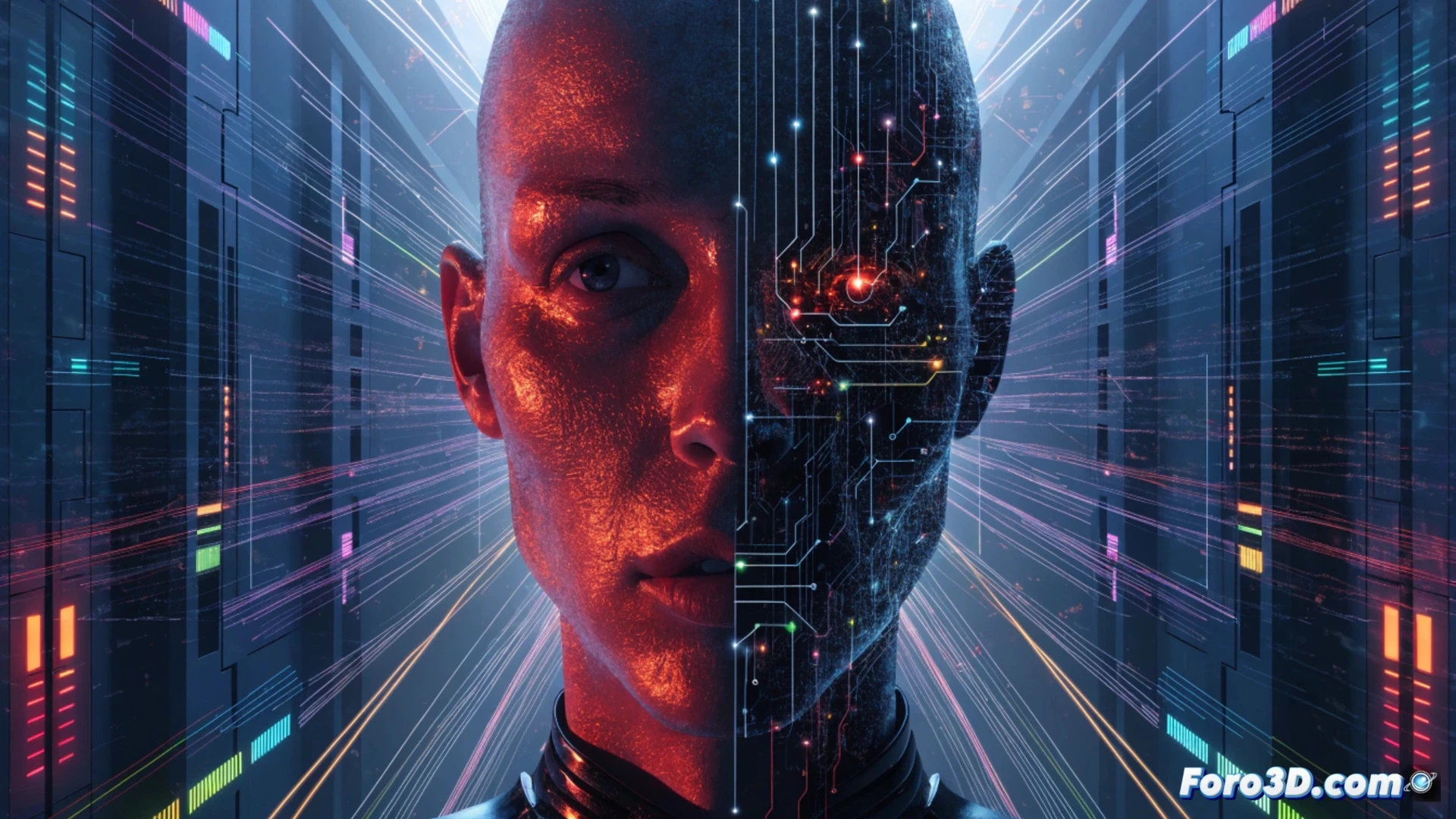 futuristic cyberpunk cityscape at night, holographic data streams flowing from a broken console screen, a human hand reaching toward a discarded neural interface stack on wet asphalt, glowing blue and red neon reflections on metallic body armor, cinematic photorealistic style, dramatic high-contrast lighting, rain-slicked surfaces, abandoned tech debris, cables sparking with electricity, dark purple skyline with distant skyscrapers, moody atmosphere, ultra-detailed texture on synthetic skin and circuit components, action frozen in time during a moment of loss