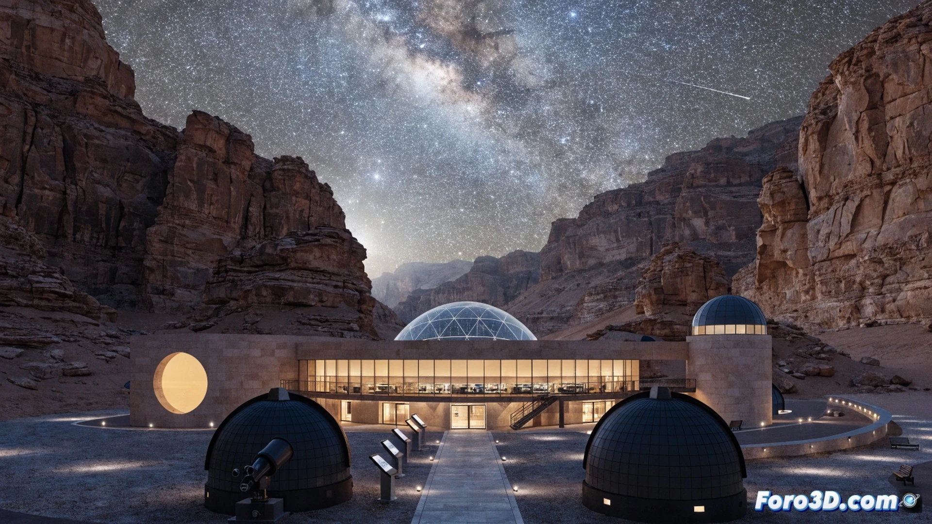 Observatorio AlUla Manara bajo cielo nocturno despejado, cúpula abierta mostrando un telescopio reflector apuntando a la Vía Láctea, visitantes usando gafas de realidad aumentada para explorar constelaciones, pantallas interactivas de superficie táctil mostrando órbitas planetarias, planetario esférico iluminado con proyección de eclipse solar, dunas rocosas al fondo, luces cálidas de senderos peatonales, estilo cinematográfico fotorrealista, iluminación suave de astrofotografía, detalles nítidos en lentes y superficies metálicas.