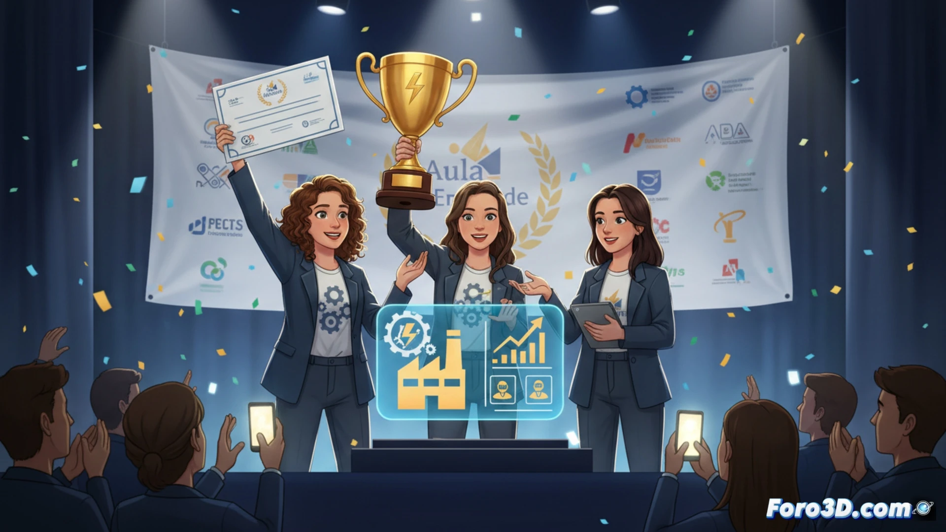 tres estudiantes femeninas en un laboratorio tecnológico sosteniendo prototipos de circuitos impresos verdes y una maqueta de turbina eólica miniaturizada, mientras una pantalla táctil muestra gráficos de crecimiento empresarial y viabilidad financiera, herramientas de soldadura y multímetros sobre la mesa, fondo con pizarra de planos de ingeniería, iluminación brillante y enfocada, estilo cinematográfico photorealistic, acción de demostración colaborativa, expresión de orgullo y concentración, detalles nítidos de componentes electrónicos y anotaciones técnicas borrosas
