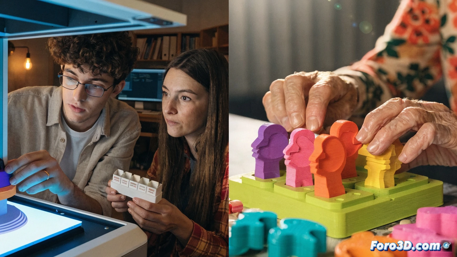 Estudiante adolescente ajustando filamento PLA colorido en impresora 3D de escritorio, sobre la mesa pastillero con compartimentos rojo azul verde amarillo y piezas de juego de memoria con formas geométricas, mano joven sosteniendo pinza retirando objeto terminado de la cama de impresión, fondo aula con estanterías de herramientas técnicas, luz natural desde ventana iluminando plástico brillante, primer plano muestra capas de impresión visibles en la pieza extraída, photorealistic engineering visualization, acción demostrando proceso de fabricación aditiva