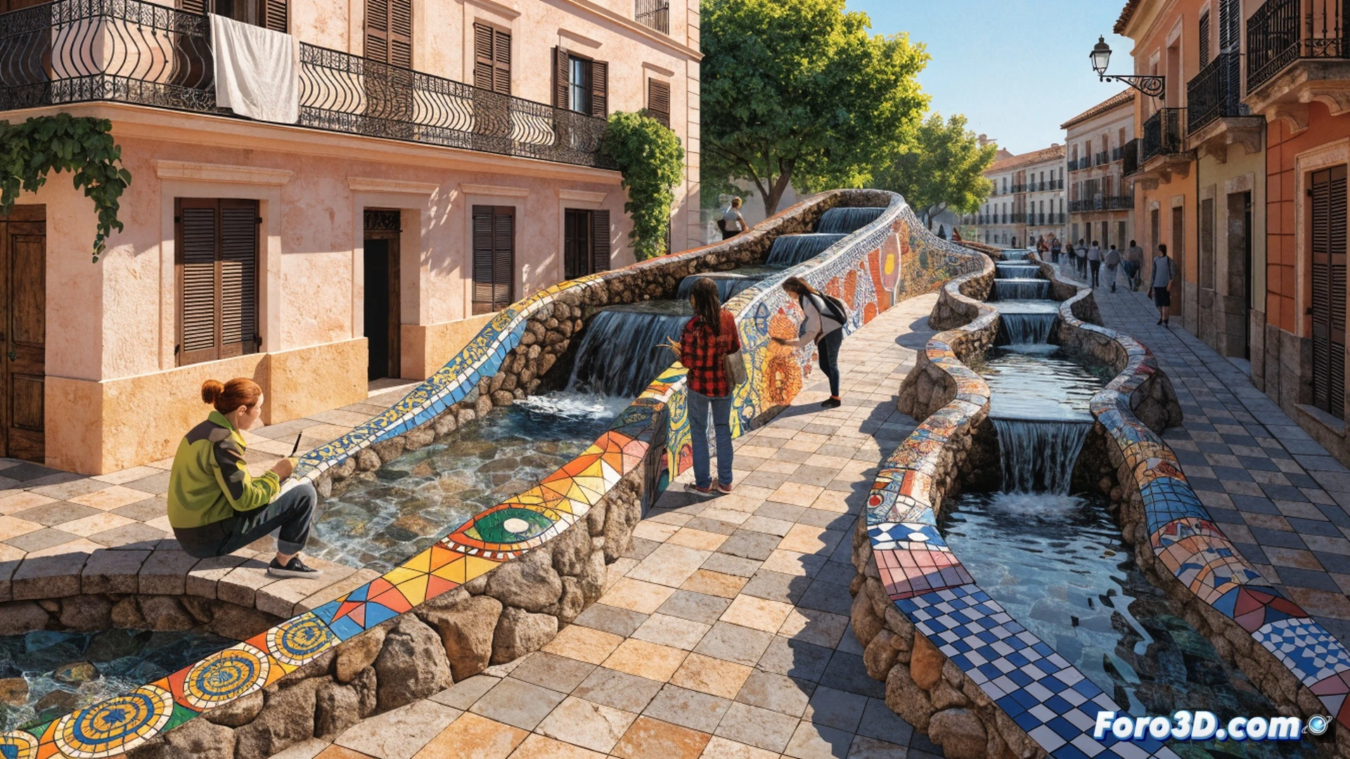 Estudiantes adolescentes pintando murales en gateras de hormigón junto a una calle adoquinada, pinceles y botes de pintura acrílica sobre un suelo de baldosas, una gatera muestra capas geológicas del acuífero con vetas azules y marrones, otra gatera ilustra un grifo goteando sobre un jardín seco, luz natural de media tarde, estilo photorealistic cinematic, sombras suaves, textura rugosa del cemento, vegetación seca al fondo, acción de pintar en proceso, estudiantes con delantales manchados, brochas mojadas en recipientes metálicos, exposición urbana al aire libre, detalle técnico de capas de pintura fresca.