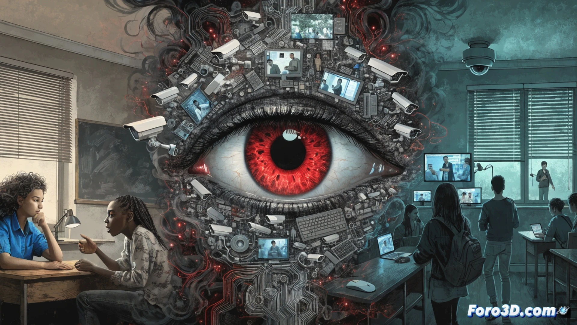 four teenagers standing in a school hallway, one girl holding a smartphone displaying a tracking app, another pointing at a red heart icon with a broken chain symbol on a poster, three students looking at a laptop showing a social media dashboard with warning alerts, educational posters on walls showing controlling behavior examples, cinematic photorealistic style, natural daylight from classroom windows, serious determined expressions, school lockers in background, modern educational setting, dramatic lighting emphasizing the activist moment, ultra-detailed facial features and fabric textures