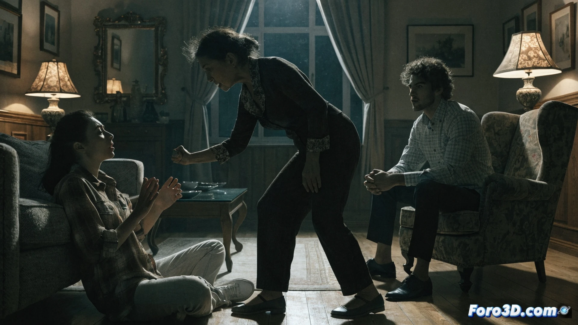 photorealistic domestic horror scene, a woman standing frozen in a dimly lit hallway, her hand hovering near a light switch, shadows stretching from an open door behind her, a shattered ceramic plate on the floor near her feet, her reflection in a cracked mirror shows a bruised face, while a blurred figure lurks in the background doorway, cinematic lighting with harsh overhead bulb casting long shadows, claustrophobic corridor with peeling wallpaper, broken chair leg visible in corner, ultra-detailed textures of dust particles in light beam, emotional tension captured in her trembling fingers, dark color palette with cold blue and sickly yellow tones, photorealistic technical render