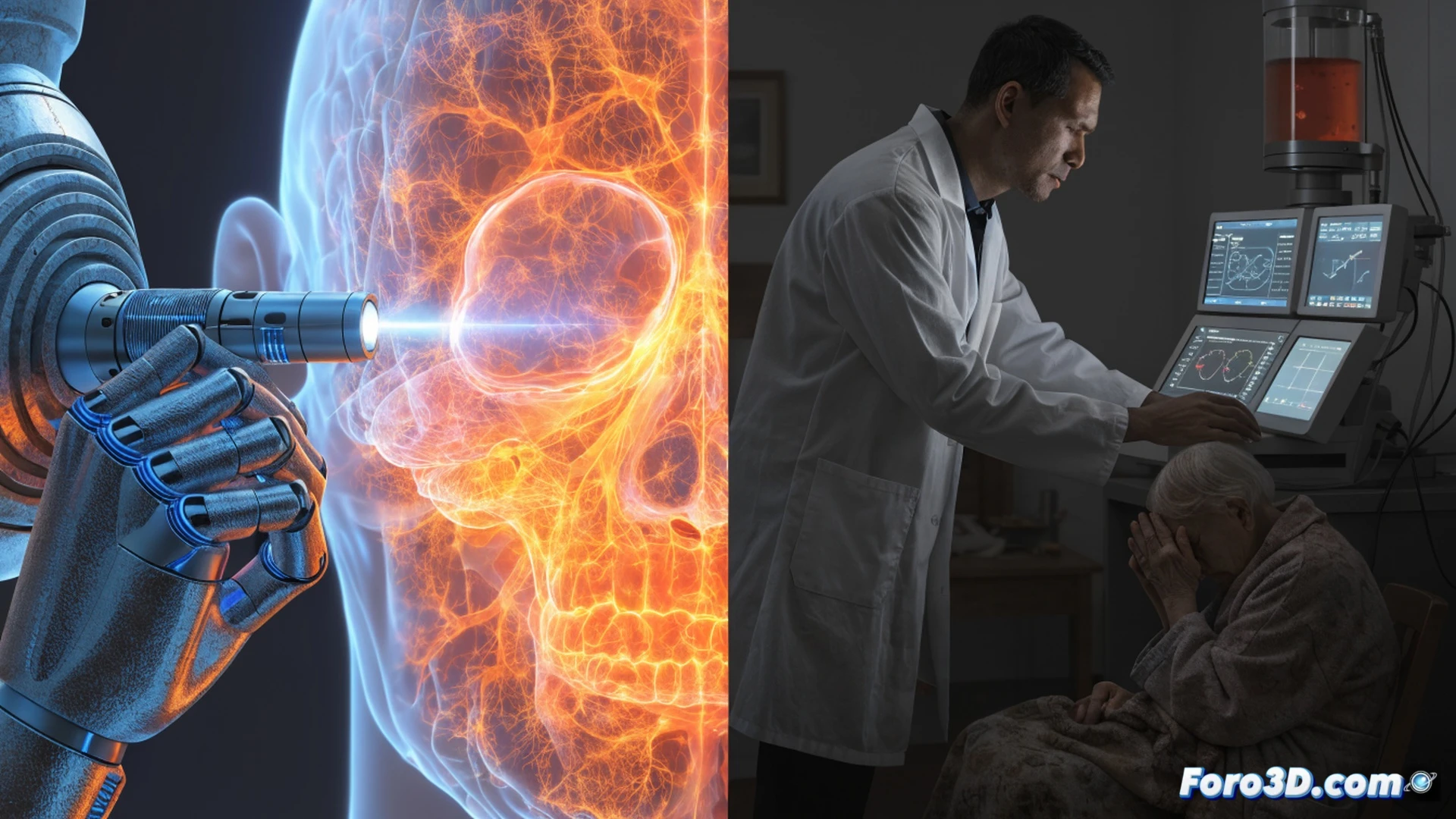 Hospital corridor scene showing two contrasting paths, left side has a wealthy patient entering a high-tech PET-CT scanning room with glowing brain imaging screens and robotic equipment, right side shows a crowded waiting room with elderly patients on plastic chairs near a closed primary care doctor office, a doctor standing in the middle looking torn between both sides, brain scan images floating above the scanning room showing bright orange and blue neural patterns, dim fluorescent lighting on the right side versus bright white clinical lights on the left, photorealistic cinematic style, sharp contrast between advanced medical technology and deteriorating public healthcare infrastructure, dramatic shadows emphasizing inequality, ultra-detailed medical instruments and worn-out furniture textures