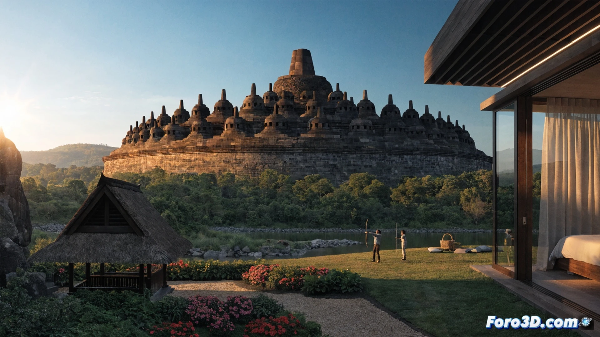 Aerial view of a luxury resort pool shaped like Borobudur temple, guests practicing ancient archery on manicured green lawn at sunrise, bow drawn with arrow nocked aiming at distant target, steam rising from warm river picnic setup nearby with rattan baskets and ceramic plates, Borobudur stupa visible on horizon behind misty volcanic mountains, cinematic travel photography style, warm golden hour light, soft lens flare, symmetrical tropical architecture, palm fronds framing foreground, ultra-detailed stone carvings on building facade, photorealistic luxury resort visualization