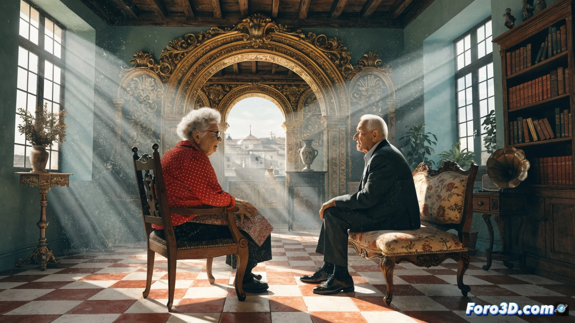 AMASOL volunteer visiting elderly person at home, showing warm handshake while holding a tablet displaying a community calendar, cozy living room with a landline phone and a framed photo on the wall, sunlight streaming through a window, photorealistic interior scene, emotional connection demonstrated through body language, soft warm lighting, depth of field blurring background clutter, realistic textures on furniture and clothing, cinematic humanitarian photography style