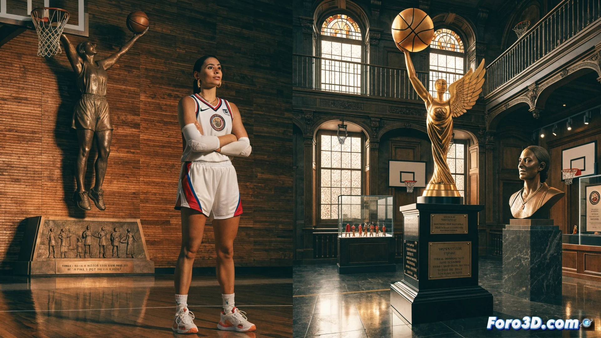 photorealistic scene of Amaya Valdemoro in a WNBA arena, mid-action dribbling a basketball past a defender, her jersey number visible, hardwood court reflections, bright arena lights, crowd blurred in background, basketball net motion blur from a previous shot, technical illustration style, dynamic athletic pose, sweat droplets suspended in air, sneakers gripping court with friction marks, dramatic spotlight highlighting her face and ball, ultra-detailed textures, cinematic sports photography lighting