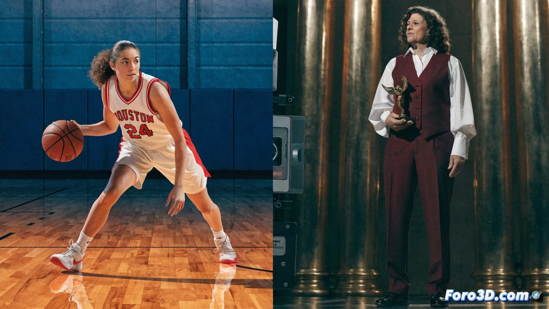 Amaya Valdemoro en acción durante un partido de baloncesto WNBA, realizando un pase cruzado mientras su camiseta de las Houston Comets ondea, fondo de un estadio iluminado con aros metálicos y redes visibles, un ojeador sosteniendo una cinta VHS antigua en primer plano desenfocado, balón naranja con textura de cuero en movimiento, sudor y tensión muscular visibles en brazos y piernas, estilo cinematográfico fotorealista, iluminación dramática de cancha profesional, profundidad de campo con gradas borrosas, detalles técnicos en zapatillas y muñequeras, alta definición con grano de película deportiva