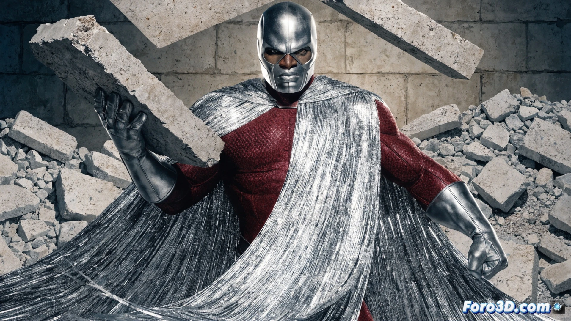 Amazing-Man touching a metallic wall with his right hand, his entire body transforming into reflective chrome surface mid-action, veins glowing with material energy, abandoned industrial warehouse setting, dust particles floating in dramatic spotlight beams, cracked concrete floor, forgotten DC comic pages scattered nearby, cinematic comic book visualization, dynamic pose with cape flowing upward, photorealistic superhero anatomy, metallic texture spreading like liquid across his skin, dramatic rim lighting, deep shadows, hyper-detailed muscle definition under chrome finish, heroic stance, nostalgic 1980s comic aesthetic, ultra-realistic material transition effect