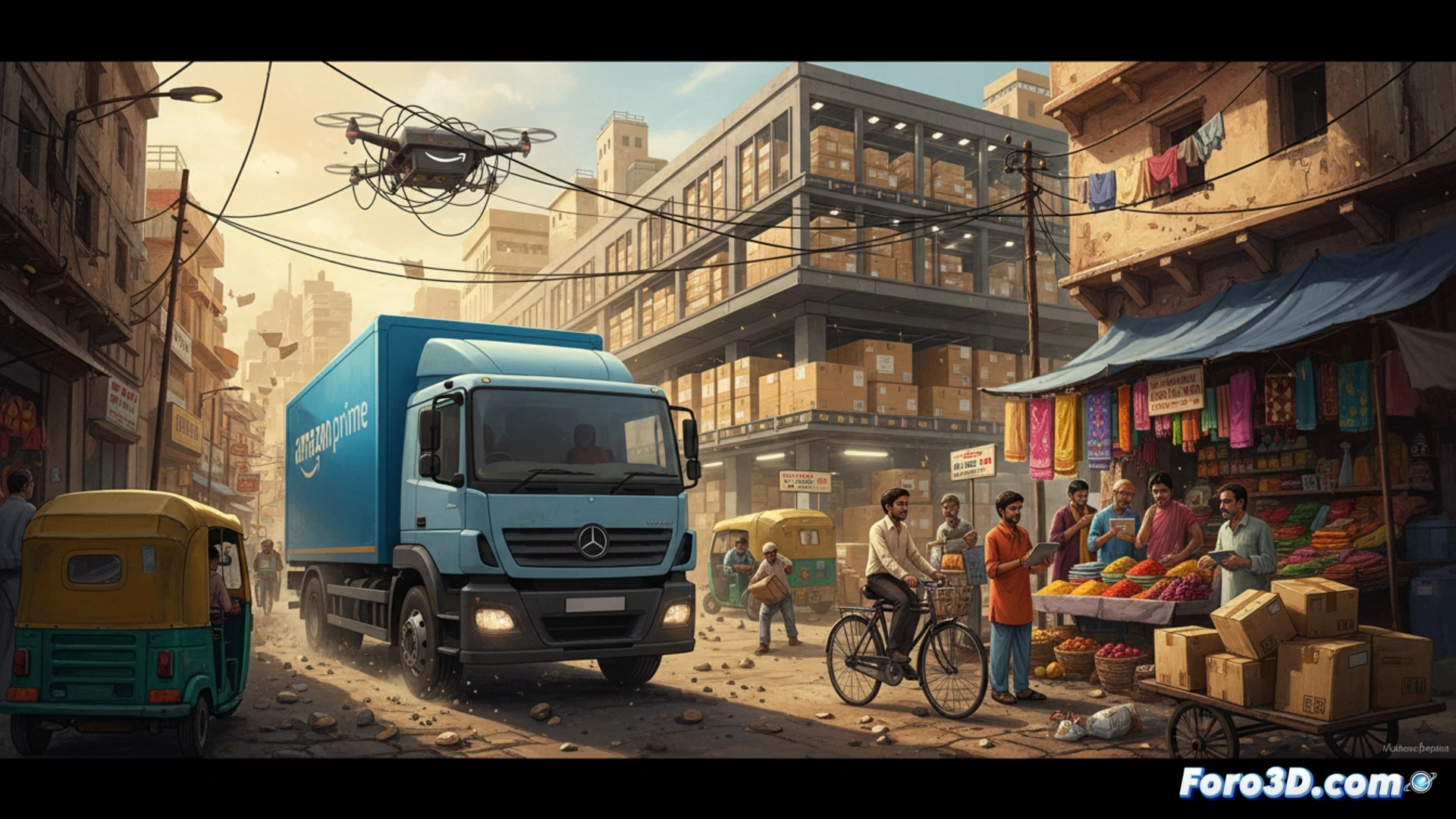 Amazon delivery van stuck in chaotic Indian street market, small shopkeepers with digital payment boards contrasting with Amazon parcel sorting hub in background, delivery worker checking smartphone while negotiating through bicycle rickshaws and street vendors, limited product inventory signs visible, mixed infrastructure of modern logistics and traditional retail, cinematic photorealistic documentary style, dramatic monsoon lighting, wet asphalt reflecting neon signs, busy urban congestion, detailed cultural and technical elements, high contrast industrial photography