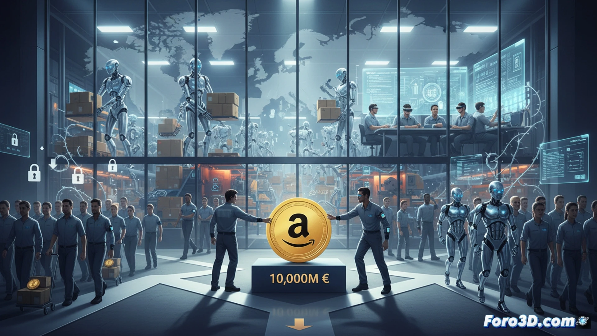Amazon warehouse worker standing beside a robotic arm performing heavy lifting, barcode scanner in hand while a digital dashboard displays productivity metrics and time tracking, another worker attending a mandatory training session on a tablet showing efficiency algorithms, subtle motion blur on the robotic arm indicating continuous operation, cinematic photorealistic style, cold industrial lighting casting long shadows, conveyor belts and storage racks in background, ultra-detailed mechanical joints and safety sensors, dramatic contrast between human and machine labor, technical engineering visualization