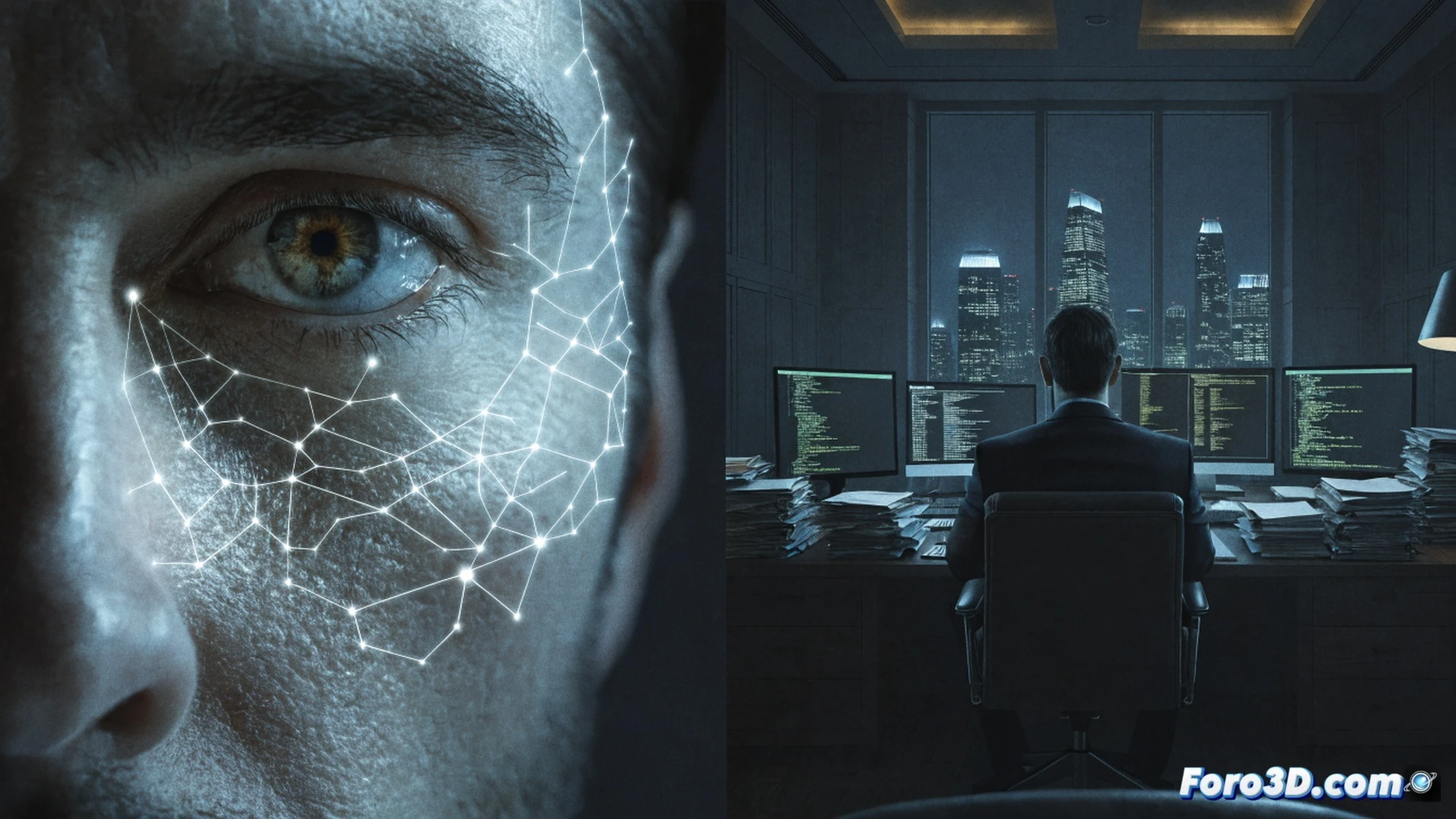 cinematic scene of a giant Amazon MGM film reel being physically halted mid-rotation by a glowing digital chain, the chain connected to an OpenAI server rack emitting blue light, a director's clapperboard with the title Artificial lies shattered on the floor, a stylized Sam Altman hologram flickers inside a transparent cube, cables and data streams wrap around the reel like restraints, dark studio lighting with red warning beams, photorealistic technical illustration, metallic textures, dramatic shadows, high-contrast industrial aesthetic