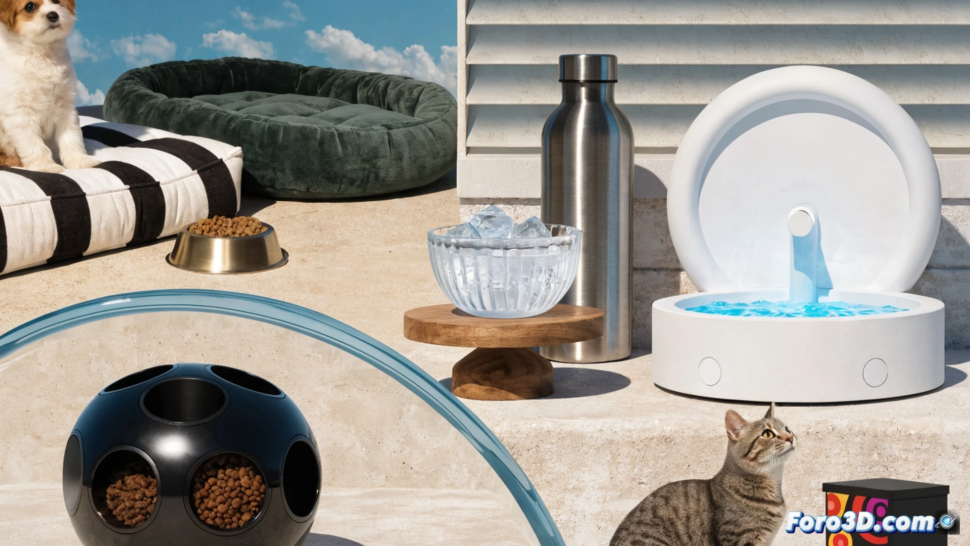 amazon prime day promotional scene, ceramic pet water fountain with three-liter capacity being filled by a robotic arm, automatic pet feeder with remote control interface glowing in the background, dog bed with cooling gel layer visible, summer-themed setting with sun rays entering through a window, action of water flowing into the fountain while a cat watches nearby, technical illustration style, photorealistic product details, soft warm lighting, clean minimalist home environment, ultra-sharp focus on product textures and electronic components, cinematic product photography aesthetic