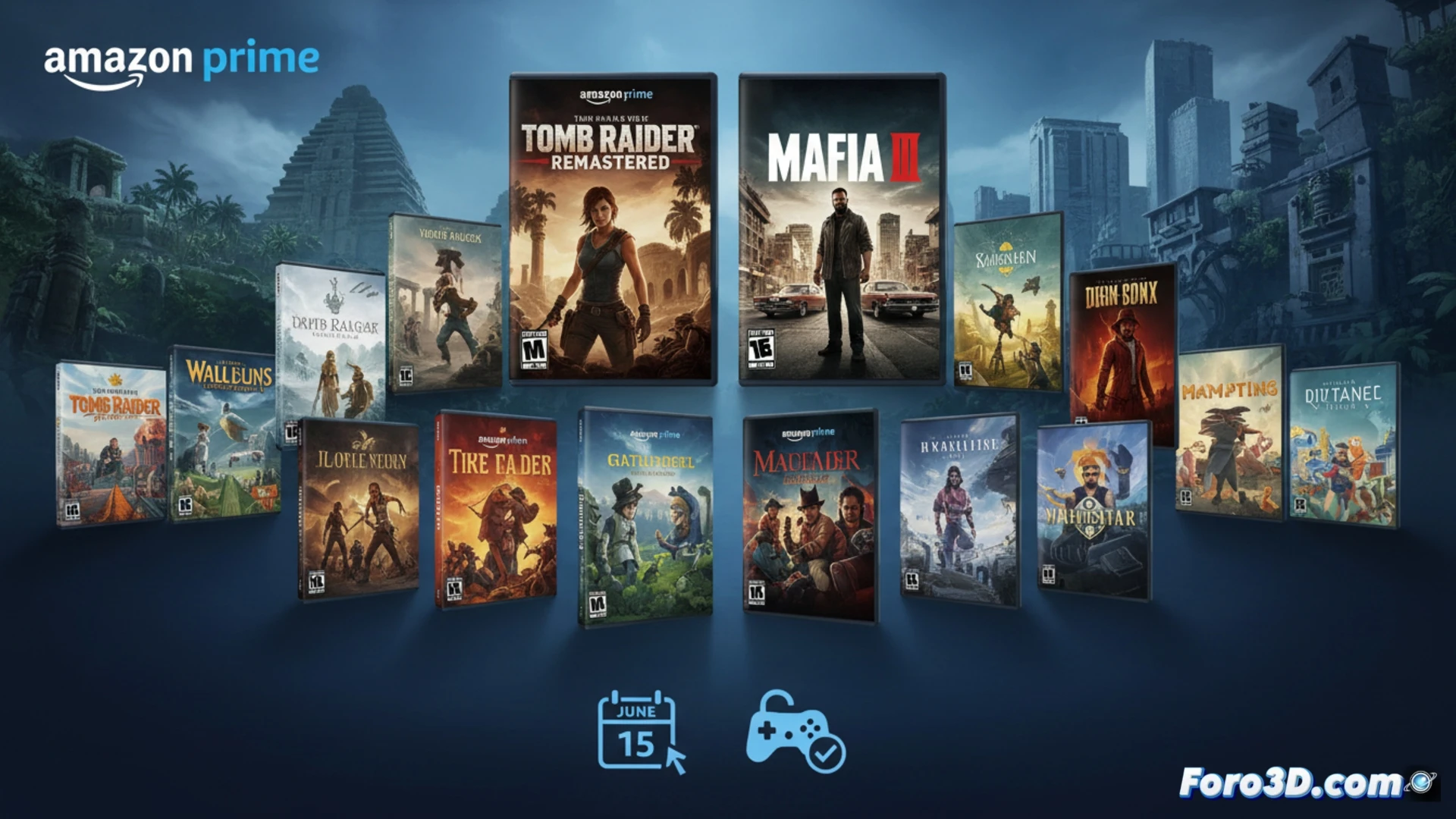 digital gaming library interface showing multiple game icons floating into a user inventory, Tomb Raider remastered cover art and Mafia III logo prominent among 15 tiles, mouse cursor clicking claim button, glowing download progress bars, cinematic technical illustration style, dark blue and gold color scheme, game covers radiating soft light, seamless UI panels with grid layout, photorealistic render of computer monitor with keyboard, dramatic studio lighting reflecting on screen, ultra-detailed pixel textures on game art, motion blur effect on icons sliding into place