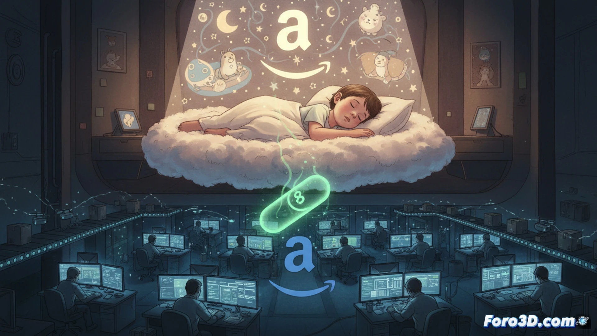 photorealistic cinematic scene of a parent exhausted at a night-time home office desk, slumped over a glowing laptop with Amazon interface visible, one hand reaching for a digital speaker emitting soft blue soundwaves and floating storybook icons toward a child's bedroom door, while a clock on the wall shows midnight and a delivery box labeled with a smile logo lies discarded, contrasting warm orange stress-lines emanating from the laptop against cool blue sleep-assist waves, dramatic chiaroscuro lighting, ultra-detailed textures on wood desk and fabric chair, technical illustration style showing cause-and-effect loop of labor fatigue and digital sleep aid, no text visible