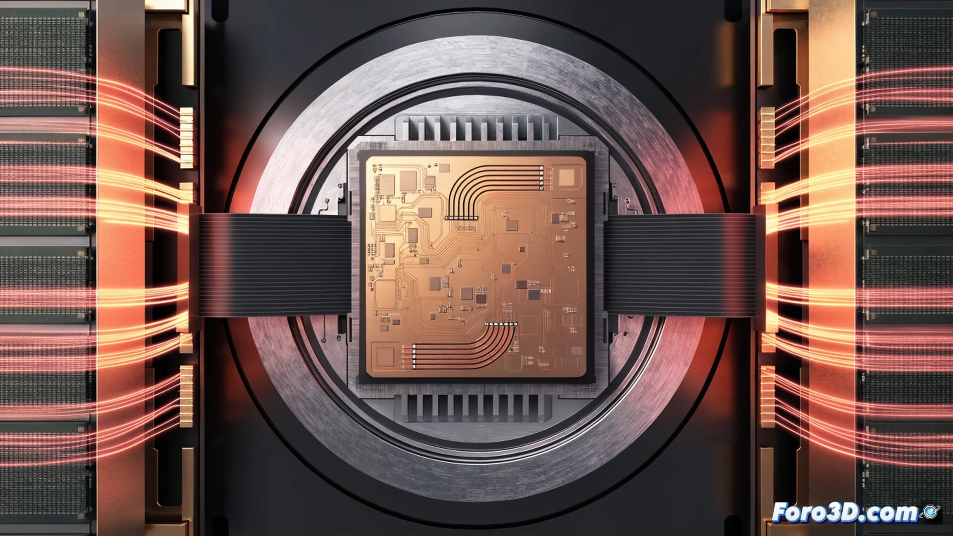 Photorealistic technical illustration of a Ryzen processor on a motherboard, glowing red padlock icon over RAM slots being shattered by a firmware update tool icon, a gloved hand inserting a cold boot attack device into a DIMM slot, memory chips exposed with data streams visible as floating strings of binary code, cinematic lighting with dark blue and red shadows, magnifying glass hovering near RAM modules, engineering visualization style, ultra-detailed circuit traces and capacitors, dramatic industrial atmosphere, action of security removal in progress