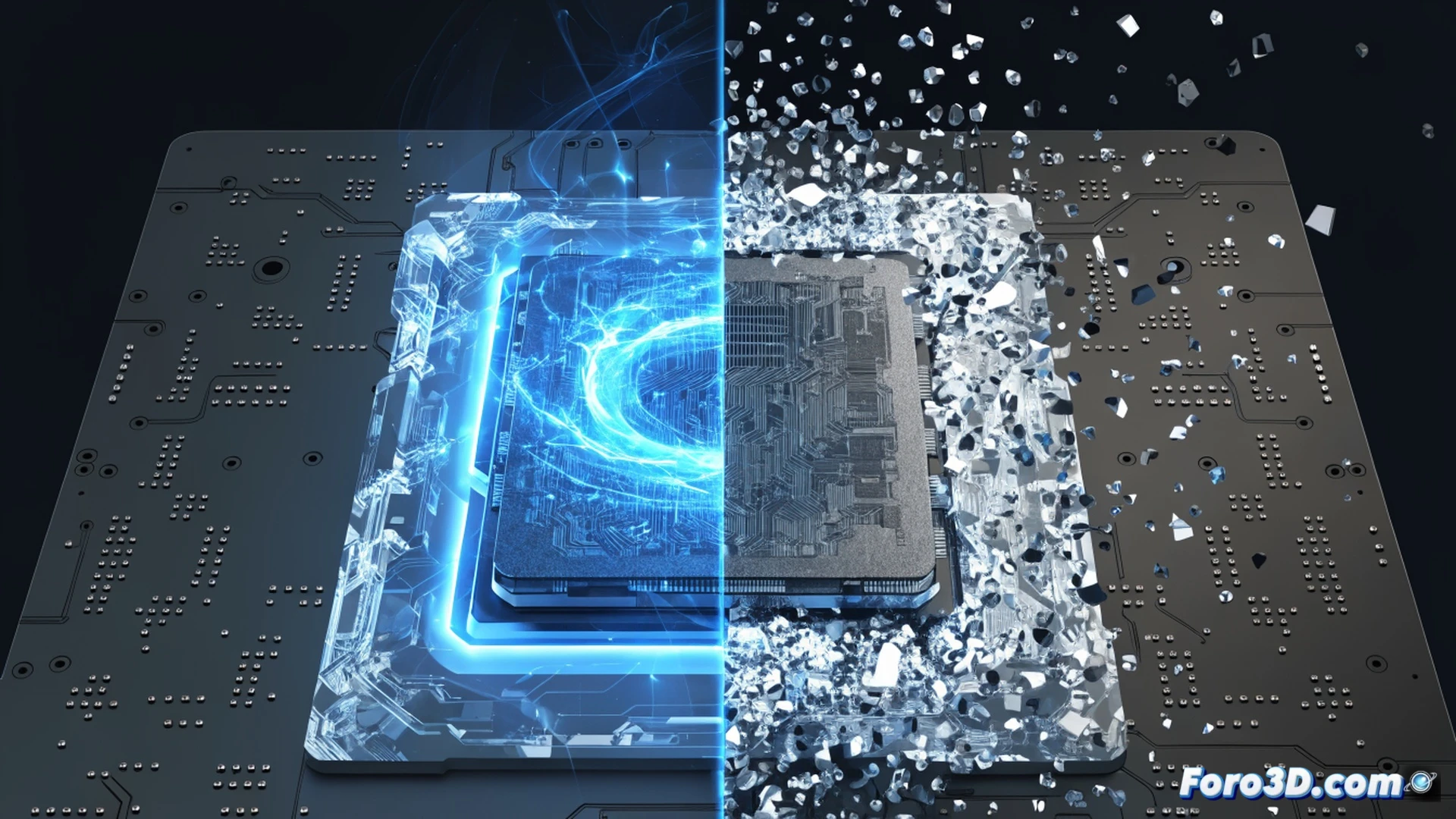 cinematic technical illustration of a Ryzen processor chip on a motherboard, memory module being disconnected by a glowing red crack in the encryption shield, motherboard firmware update interface partially visible in background showing a disabled TSME toggle, processor die exposed with data lines fading to black, photorealistic engineering visualization, dramatic low-key lighting with red and blue accents, microscopic detail on CPU pins and PCB traces, security barrier crumbling into transparent particles