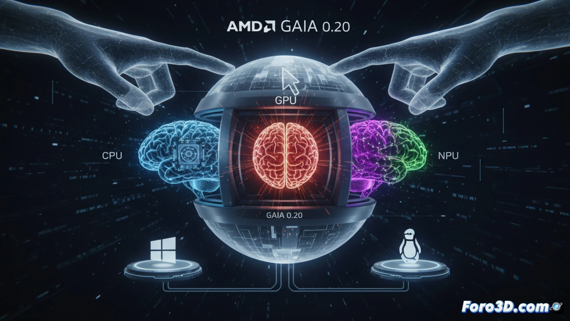 Technical illustration of a modular AI brain selection interface, three transparent hexagonal chambers labeled with glowing CPU GPU NPU symbols, robotic hand reaching toward a central control panel while neural pathways branch from each processor type, circuit board texture beneath, holographic data streams connecting chambers, dramatic blue and orange lighting casting shadows, cinematic engineering visualization, photorealistic hardware details, dynamic action of selection process mid-motion, metallic surfaces with reflective highlights, futuristic industrial lab environment, ultra-detailed microarchitecture visible inside chambers