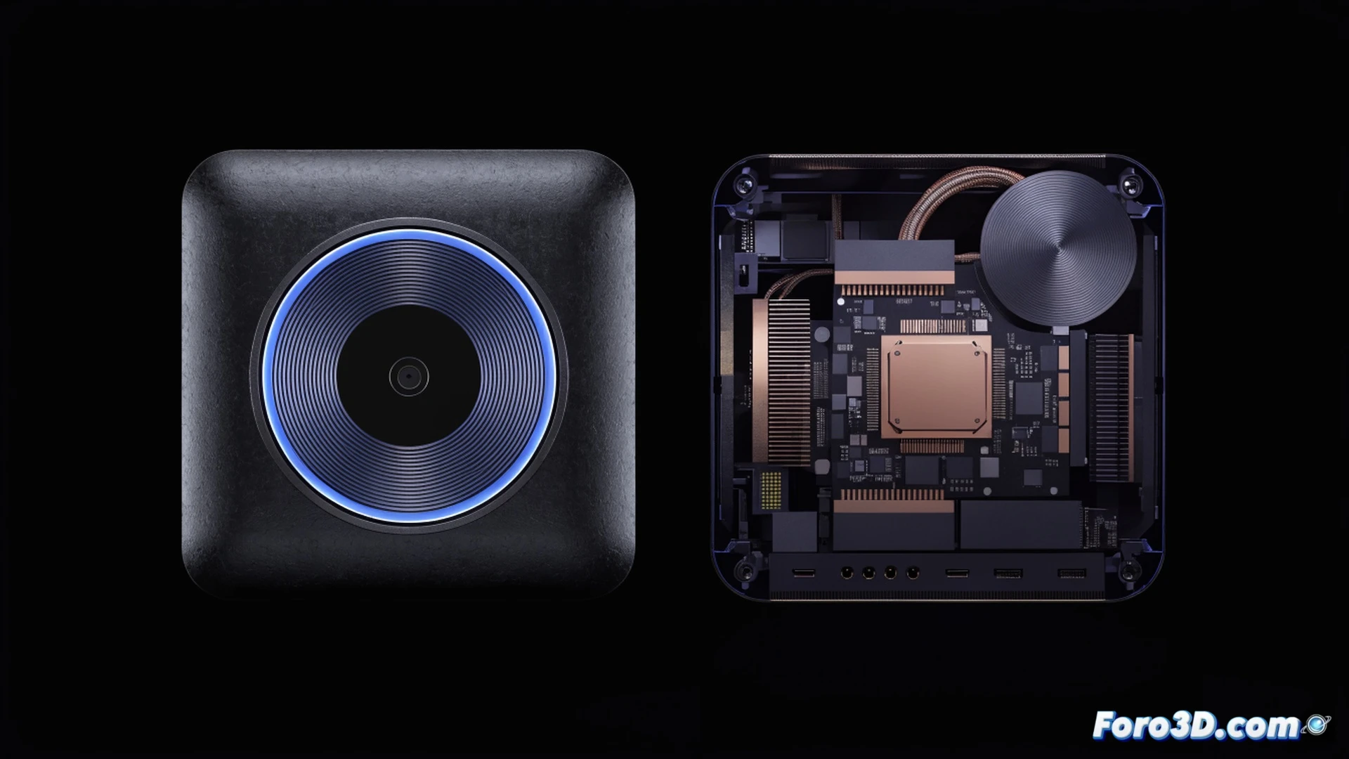 mini PC Ryzen AI Halo con disipador de cobre expuesto, desarrollador conectando cable USB-C a un monitor 8K, ventana de terminal de Linux mostrando compilación de modelo de IA en tiempo real, 128GB de RAM visible a través de panel traslúcido, luz LED indicadora de proceso de inferencia, fondo con estantería de servidores y cables de red, escritorio minimalista con café y cuaderno técnico, estilo photorealistic engineering visualization, iluminación cinematográfica azul y naranja, texturas metálicas y plástico texturizado, profundidad de campo suave, render ultra detallado de componentes internos