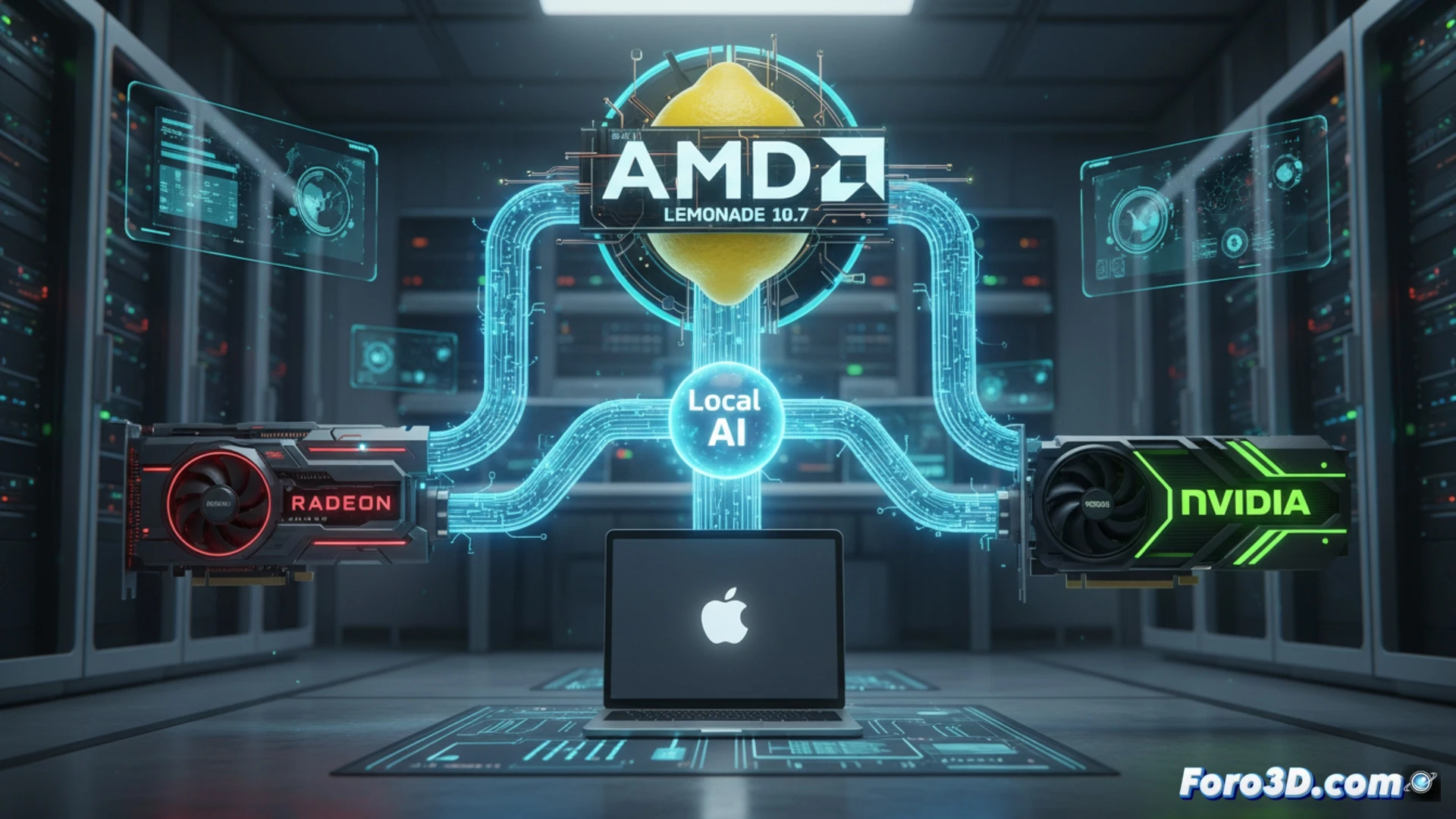 AMD Lemonade 10.7 interface running on a desktop computer, a glowing NVIDIA GPU visible inside an open PC case, process of local AI inference happening on screen, colorful neural network graph being generated in real-time, technical illustration style, clean white and blue lighting, GPU fans spinning with faint blue LED glow, motherboard components visible, sleek metallic case interior, precise engineering visualization, sharp focus on hardware and software interaction, realistic material textures, modern tech workspace aesthetic