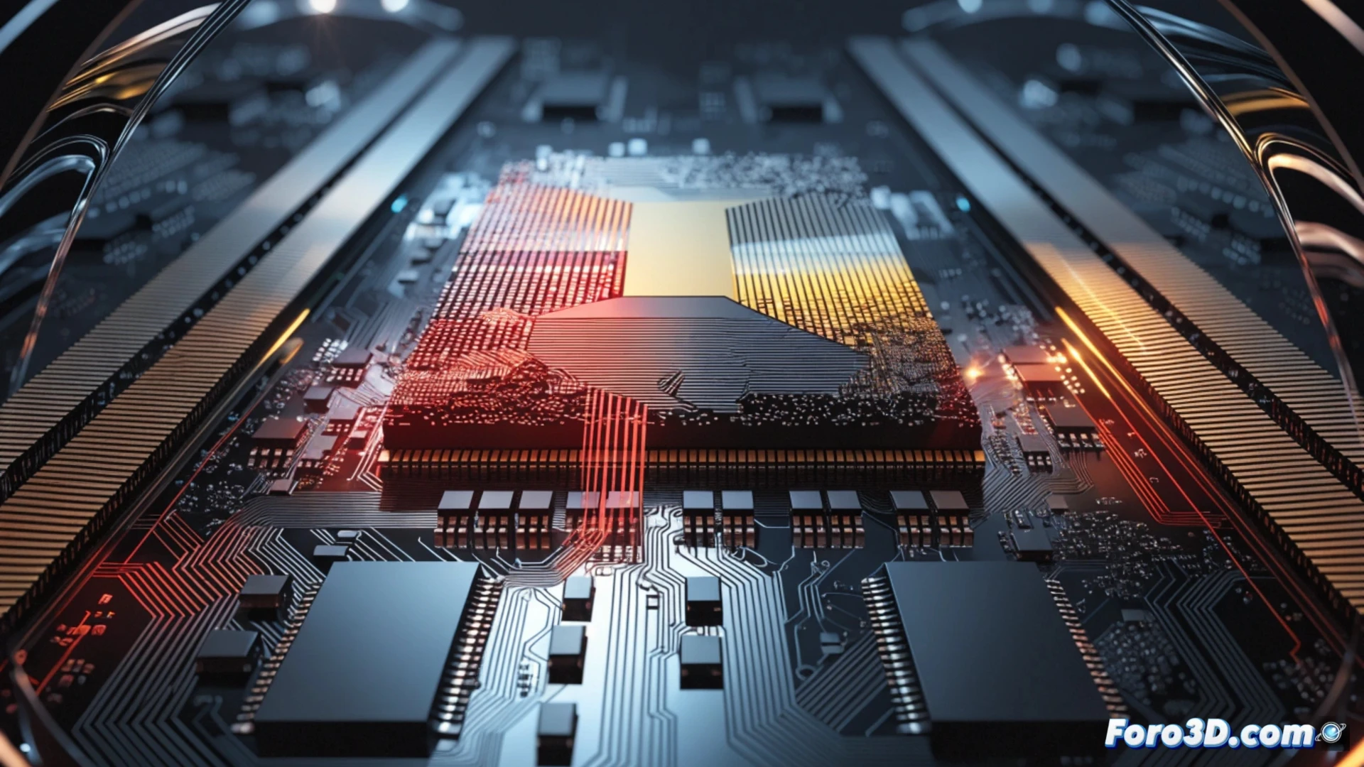 AMD GFX1156 chip being integrated into open-source driver code on a monitor screen, engineers hands typing on keyboard while debugging RDNA 3.5 architecture, circuit board close-up with glowing traces and GPU die visible, compiler terminal showing patch submissions, technical engineering visualization, blue and orange ambient lighting, photorealistic render, clean industrial lab background, microscope and oscilloscope nearby, action of code compilation in progress