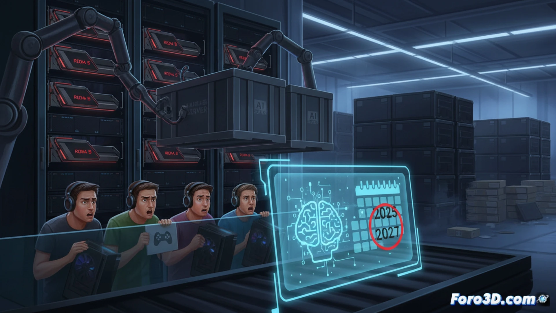AMD Radeon RX 9000 graphics card on an empty factory assembly line, robotic arms frozen mid-motion over a single GPU die, conveyor belts diverted toward rows of AI server racks in the background, glowing blue data center lights overwhelming the dim gamer workstation corner, cinematic engineering visualization, photorealistic industrial lighting, dust particles suspended in air, metallic heat sinks reflecting server LEDs, dramatic contrast between consumer hardware and enterprise machinery, ultra-detailed semiconductor fabrication scene