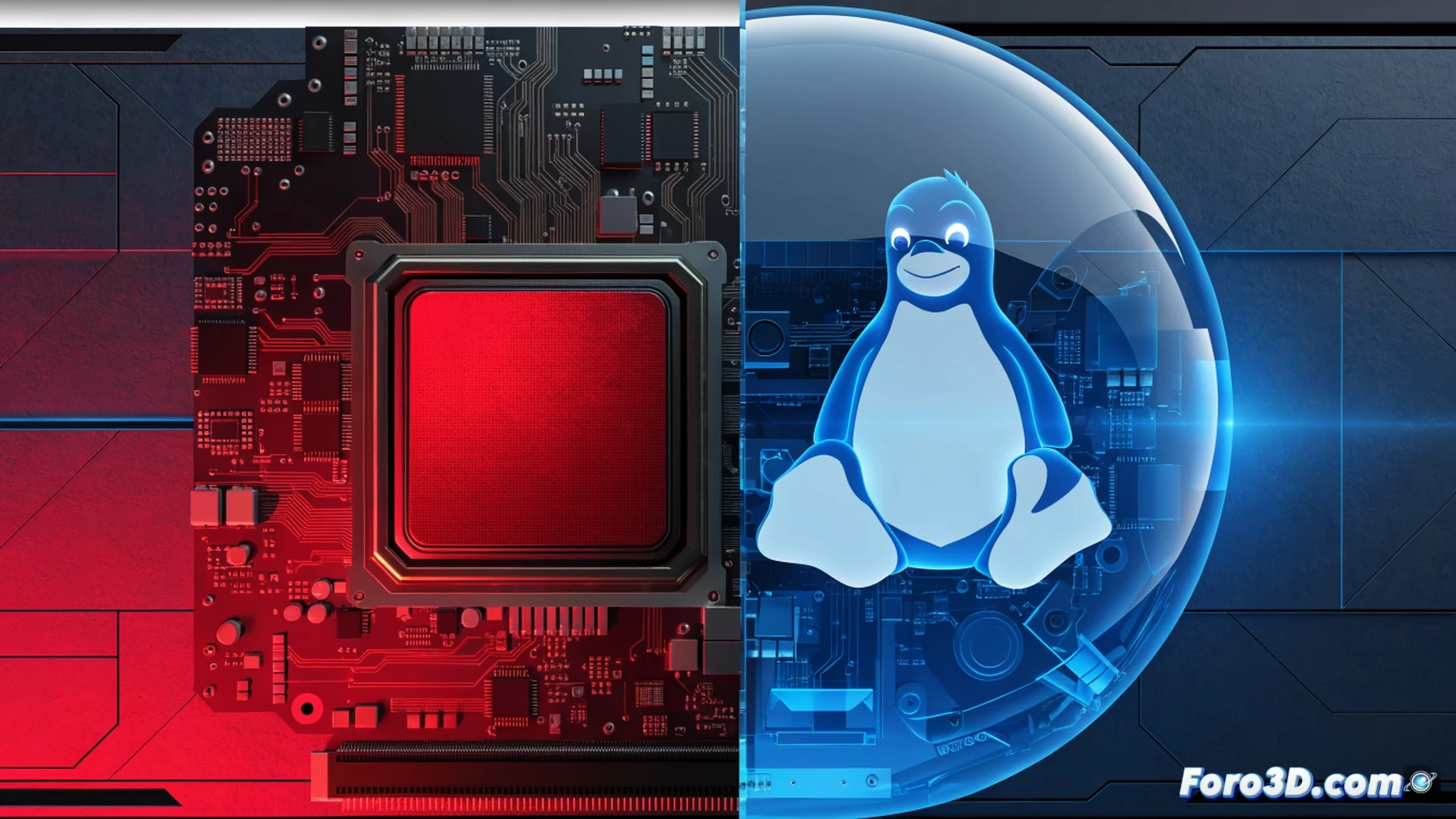 photorealistic technical illustration showing a Windows laptop with Ubuntu terminal window open, AMD Radeon GPU hardware glowing inside a transparent desktop chassis, VRAM memory allocation bars and data flow lines dynamically updating on screen, a developer typing commands to install ROCDXG libraries, GPU compute tasks running in real-time with AI workload indicators, cinematic lighting with blue and red neon accents reflecting on the motherboard, detailed circuit traces and GPU die visible, ultra-sharp engineering visualization, dramatic shadows emphasizing the hardware-software interaction