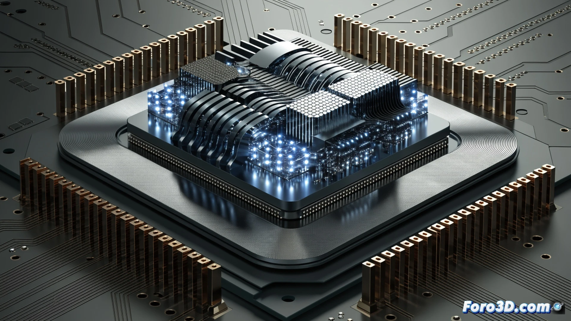 AMD Ryzen 10000 processor die shot showing removal of integrated graphics section replaced by a dedicated AI neural processing unit, motherboard without video output ports, disconnected monitor cable, user holding a discrete GPU while system displays AI workload analysis software, photorealistic technical illustration, macro lens perspective, glowing red and blue circuit traces, metallic heat sink fins, dust particles in harsh lighting, engineering visualization of hardware transition