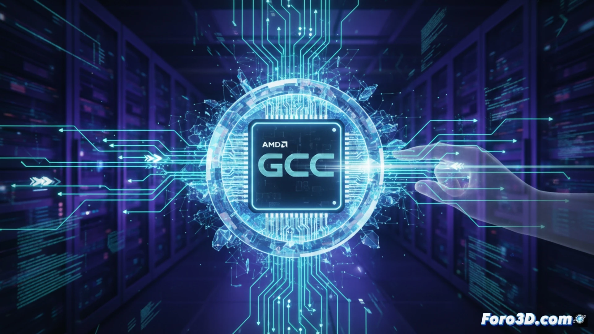 futuro procesador AMD Zen 6 sobre placa base, compilador GCC mostrando líneas de código fuente en pantalla, instrucciones de CPU reorganizándose en tiempo real, flechas de optimización fluyendo desde el compilador hacia el chip, latencia reducida representada por partículas verdes acelerando a través de circuitos, ingenieros revisando cambios en diagramas de rendimiento, estilo cinematic technical illustration, iluminación industrial azul y naranja, detalles de silicio con textura metálica, fotorealistic engineering visualization