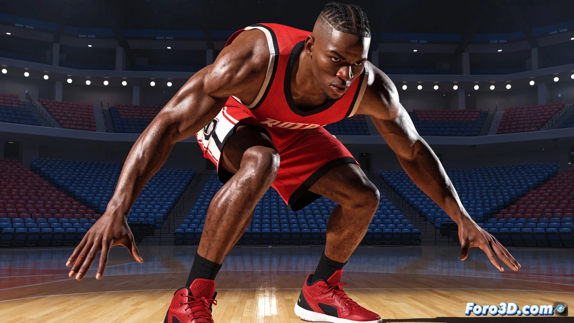 basketball player mid-air driving to the rim, 2.01m frame with 2.13m wingspan stretching to block a defender, three-point line visible on court, biomechanical overlay showing joint angles and muscle activation during vertical leap, translucent skeleton wireframe highlighting shoulder width and arm reach, motion blur on ball and jersey, engineering visualization style, court floor with polished wood grain, dramatic arena lighting from above, photorealistic technical render, blue and red team uniforms contrasting, sweat droplets frozen in action, hyper-detailed muscle definition under jersey