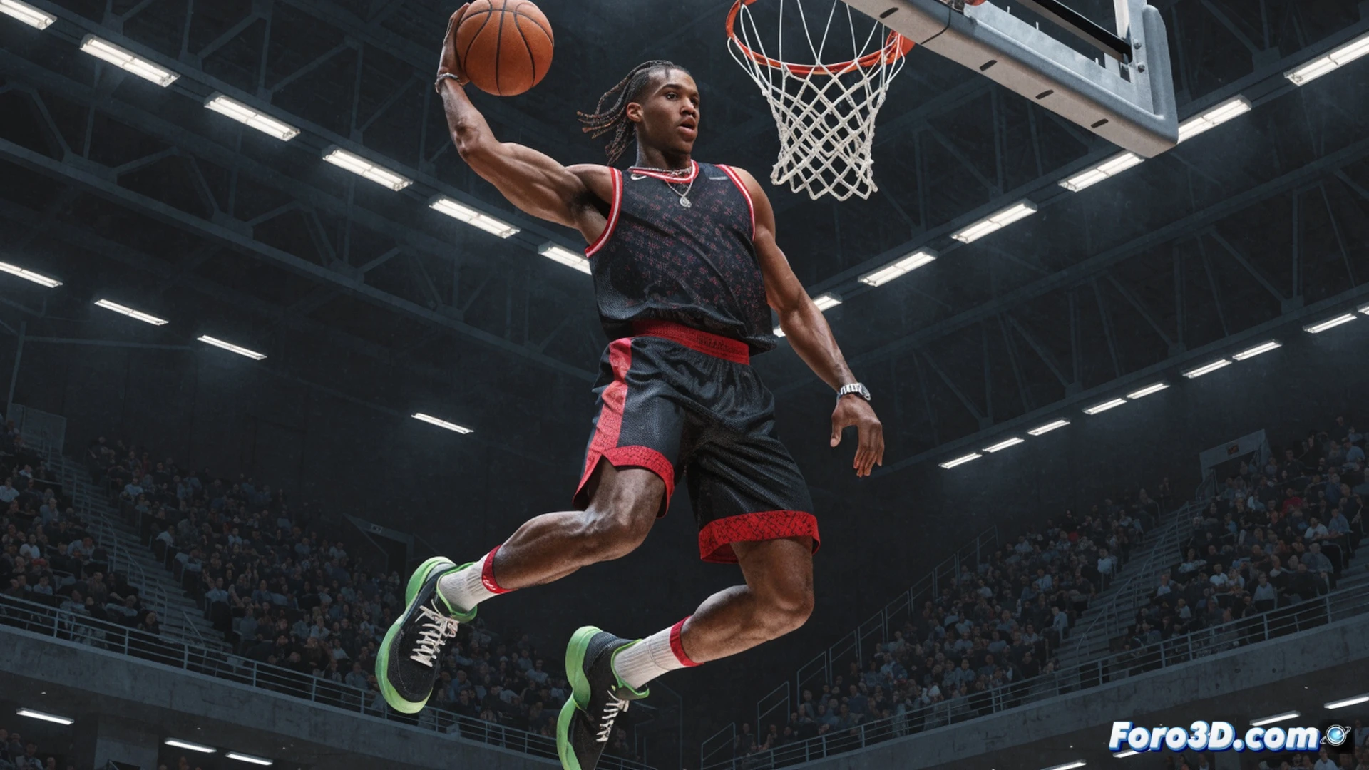 NBA base Amen Thompson en acción explosiva durante un contraataque, mostrando su física atípica: salto vertical máximo con una mano sobre el aro, envergadura extendida, balón en trayectoria ascendente, defensores rivales congelados en desventaja posicional, piernas musculosas en fase de vuelo, zapatillas con amortiguación comprimida, iluminación de estadio dramática, sudor visible en brazos y frente, fondo con gradas borrosas y luces LED, estilo cinematográfico photorealistic, cámara lenta congelando el instante de máxima extensión, textura de piel y tela hiperrealista, sombras marcadas bajo el aro, sensación de potencia bruta y aceleración imparable, sin texto ni números en la imagen.