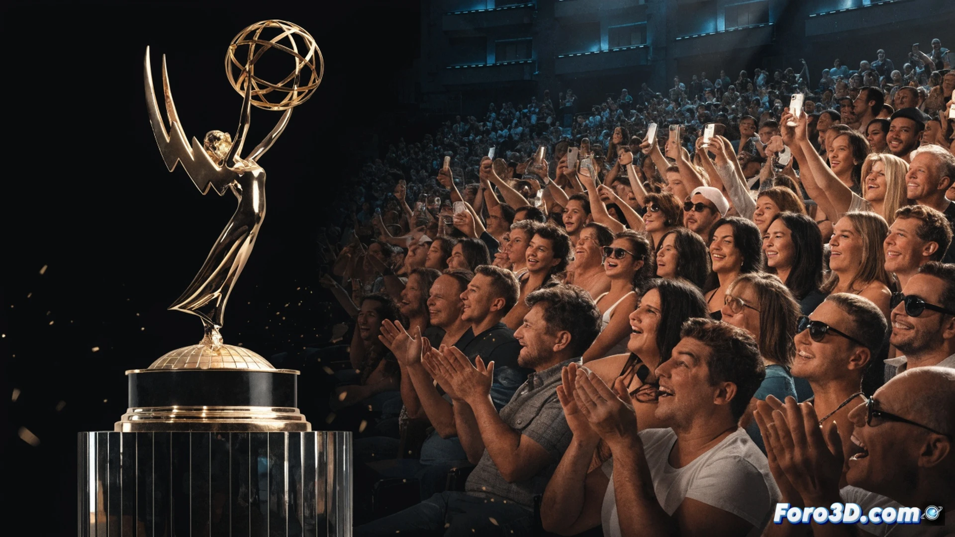 A television studio stage split between two contrasting scenes. Left side: a massive glowing Emmy trophy on a pedestal, surrounded by empty chairs and cold blue spotlight, dust particles floating in stagnant air. Right side: a packed audience cheering, hands raised, while a golden buzzer explodes with confetti and dramatic warm stage lighting. A single silhouetted performer stands center, one hand reaching toward the Emmy, the other toward the crowd. Cinematic photorealistic style, ultra-detailed textures on the trophy metal, confetti particles frozen mid-air, stage smoke drifting, contrasting cool blue versus warm amber lighting, shallow depth of field emphasizing the performer’s conflicted gesture, dramatic tension between critical acclaim and public adoration.