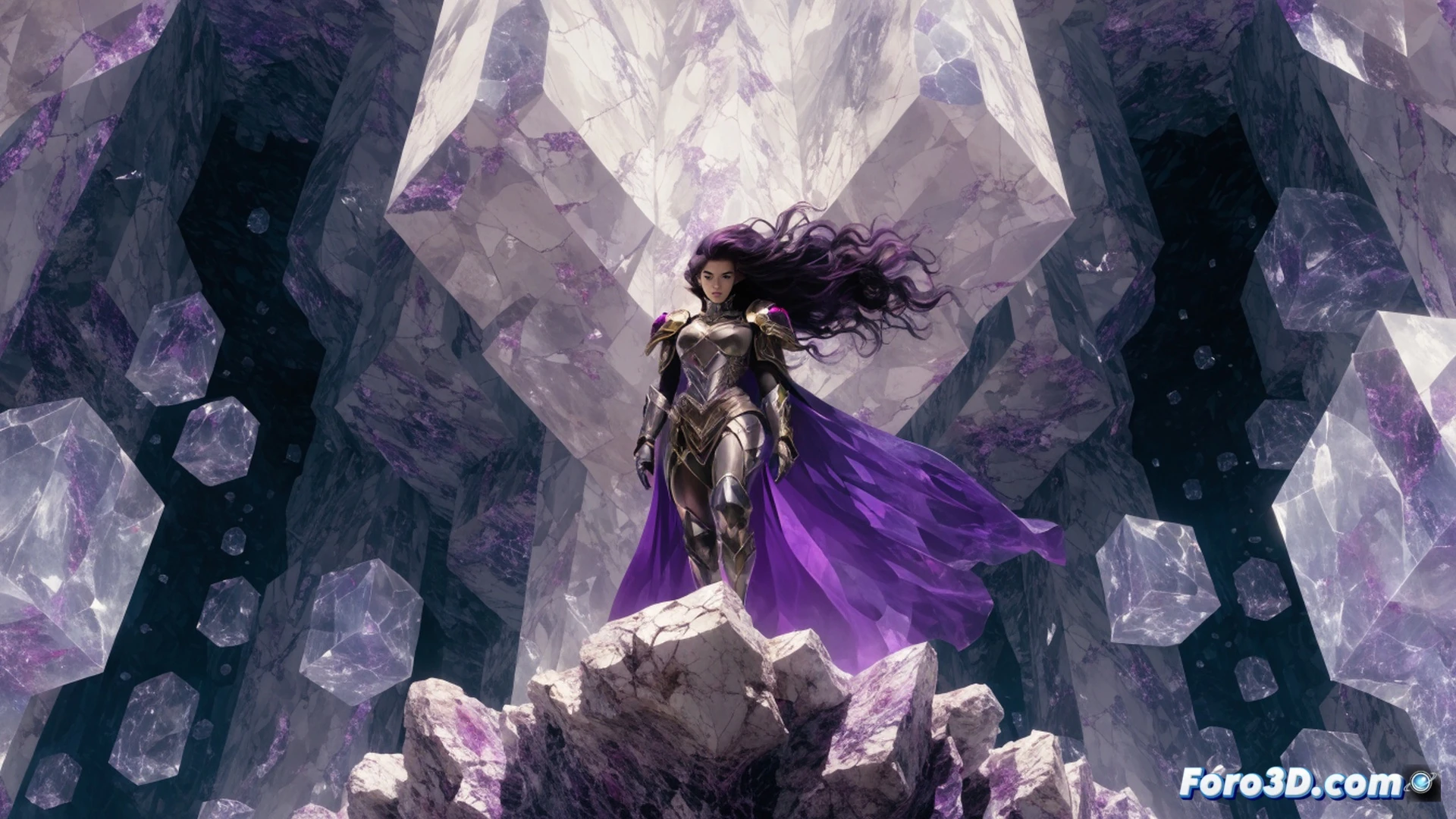 Gemworld crystalline throne room crumbling into obsidian shards, young princess Amethyst gripping a fractured purple gemstone staff while shadowy vines entangle her crown, holographic DC comic panels flickering behind her showing cancelled issue covers, a dusty vintage comic book lying open on a stone altar with faded 1980s art style, cinematic fantasy visualization, magical purple energy dissipating into grey mist, cracked floating crystals casting fragmented light, photorealistic technical render, dramatic chiaroscuro lighting, ultra-detailed gemstone textures, sorrowful action scene showing abandonment