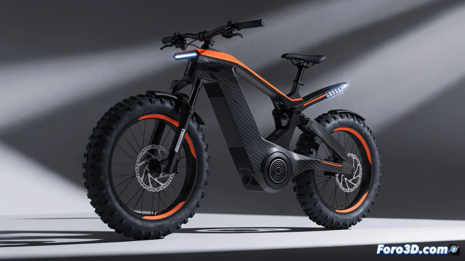 DJI electric cargo bike Amflow TL Carbon climbing a steep forest trail, rider pedaling with effort, rear rack loaded with two child seats and a backpack, integrated headlight and taillight glowing, frame made of visible carbon fiber weave, motor unit exposed near bottom bracket showing torque sensor and cooling fins, suspension fork compressing over a tree root, dirt splashing from knobby tires, smart display on handlebars showing battery level and navigation map, cinematic photorealistic engineering visualization, dramatic side lighting emphasizing carbon texture and mechanical details, motion blur on wheels, sharp focus on frame and drivetrain