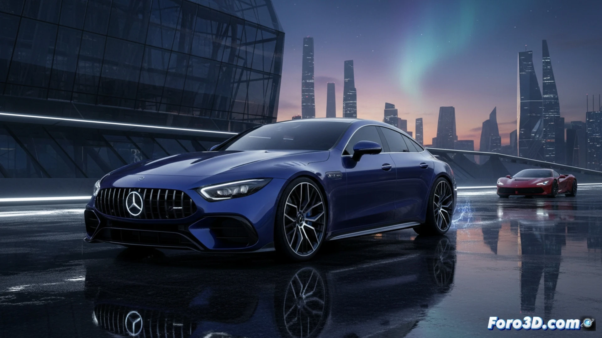 Mercedes-AMG GT electrico de 4 puertas acelerando en un tunel de viento, flujo de aire turbulento azul cian envolviendo la carroceria baja y las ruedas traseras, suspension activa ajustandose durante la frenada regenerativa, bateria de alto voltaje iluminada bajo el chasis, difusor trasero con fibras de carbono expuestas, luz de freno LED roja encendida, suelo reflectante mojado, estilo cinematografico fotorealista, iluminacion industrial fria, reflejos metalicos en azul noche, humo de neumatico saliendo del paso de rueda, ingenieria alemana de precision