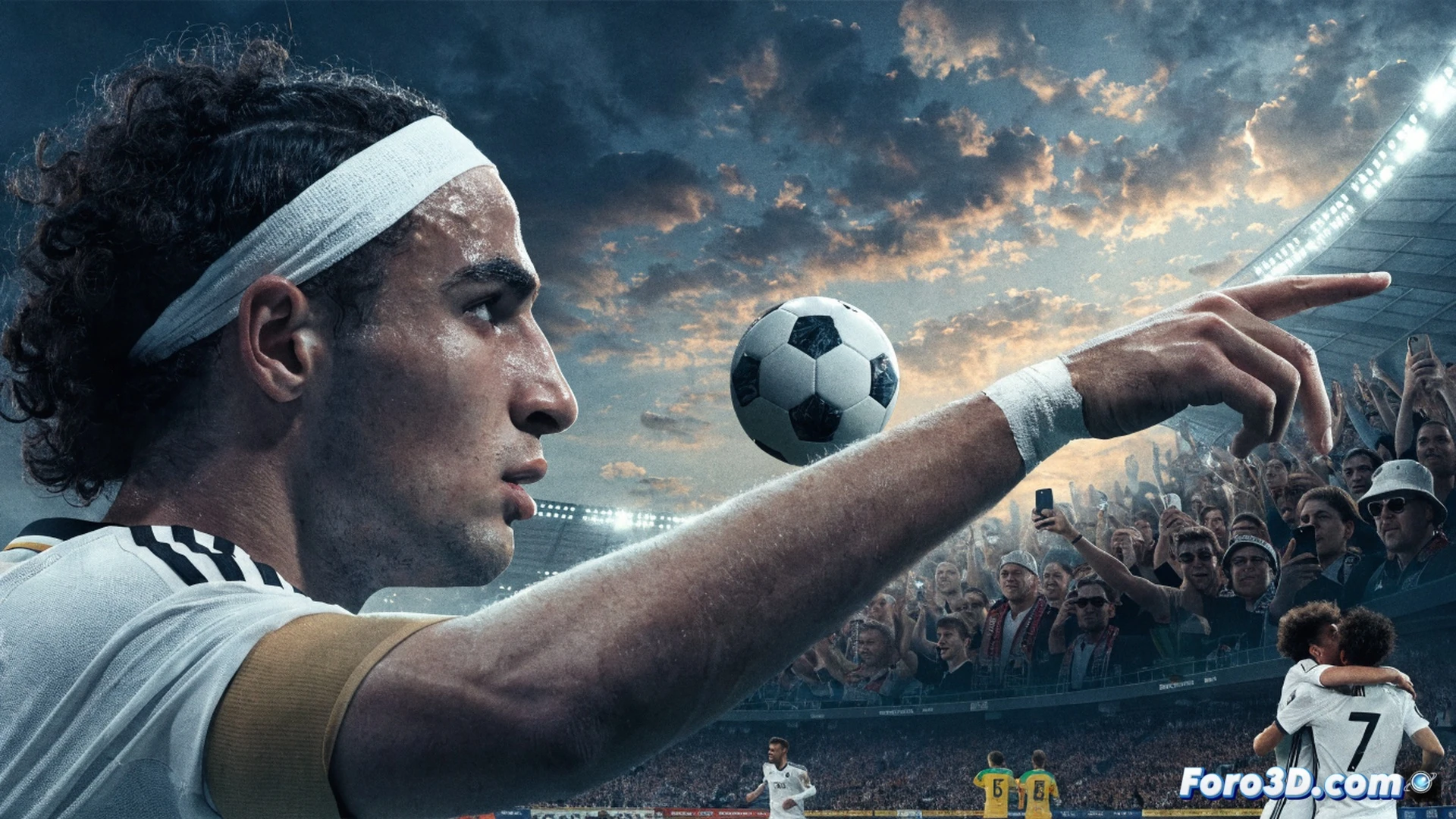 Estadio lleno, Nadiem Amiri en carrera con el balón controlado, asistencia quirúrgica en el aire mientras el delantero alemán remata de cabeza al arco, portero de Costa de Marfil fuera de posición, marcador electrónico en el fondo mostrando Alemania 2-1, afición alemana celebrando con banderas ondeando, brazos alzados, movimiento congelado en el momento exacto del gol, césped verde perfecto, luces de estadio iluminando la escena, sudor y tensión visibles en los rostros, estilo cinematográfico deportivo, fotorealismo extremo, cámara lenta dramática, profundidad de campo reducida, vibrantes colores de camisetas contrastando con el público.