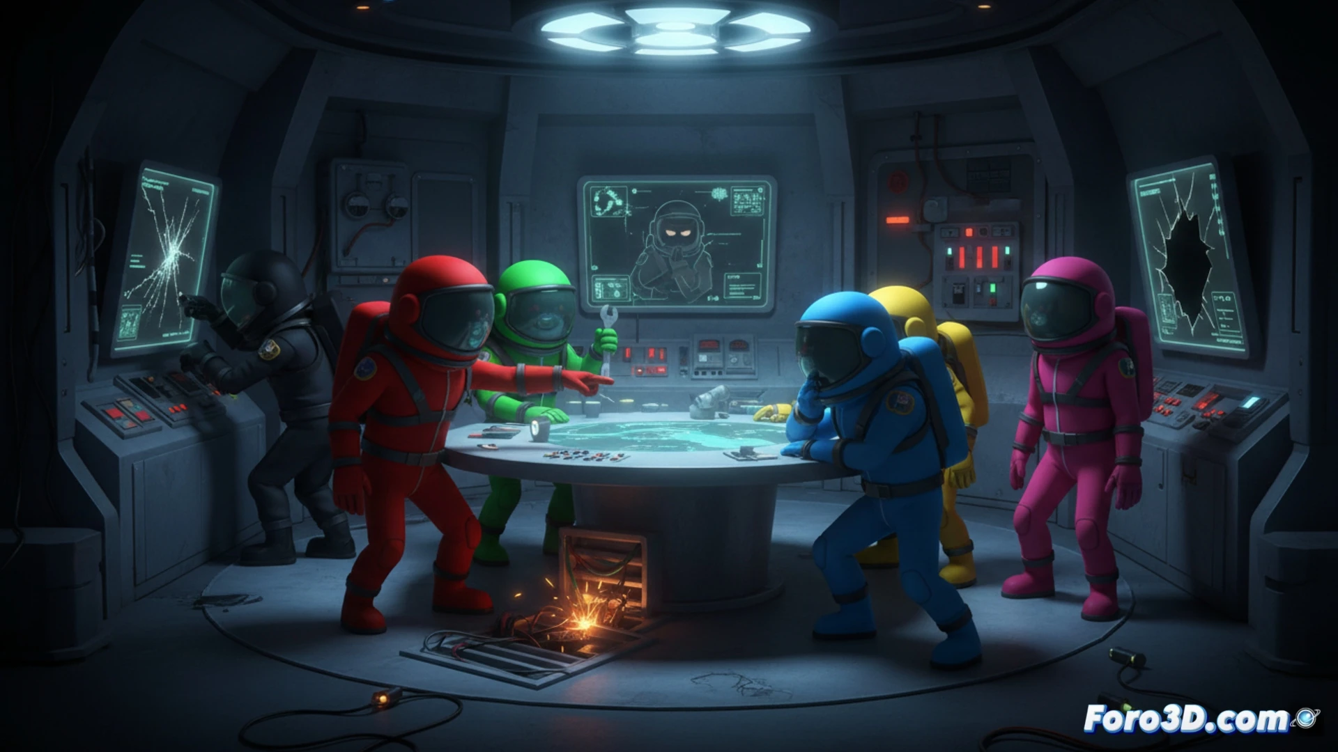 animated spaceship bridge scene, crew members in orange suits pointing at holographic map, a red-suited figure sneaking behind a console, wires and control panels with glowing buttons, sabotage sparks erupting from a ventilation shaft, paranoid glances between characters, cinematic animation style, dramatic shadows from emergency lighting, metallic walls with rivets and warning stripes, atmospheric fog near floor vents, stylized character design matching game aesthetic, tense action moment during sabotage process