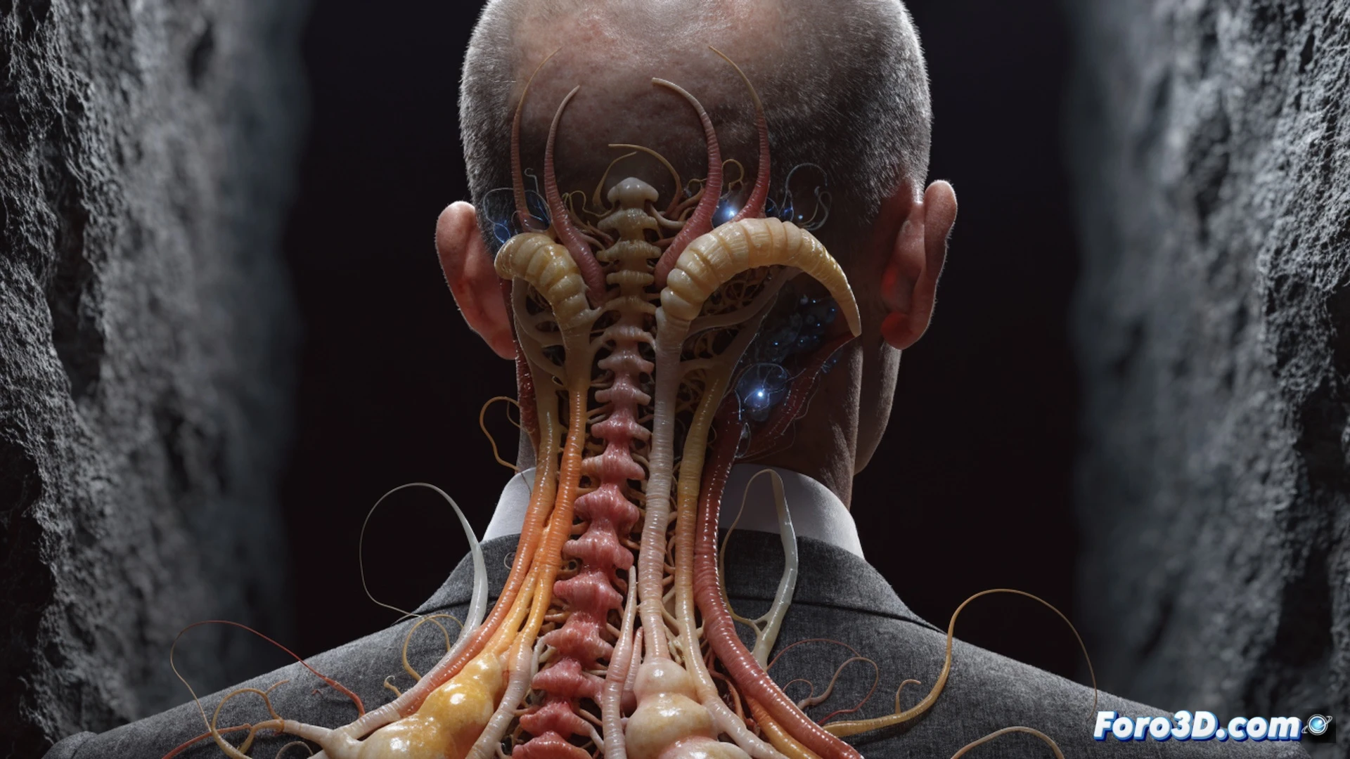 Parasitic alien creature attached to a human spine, tendrils wrapping around vertebrae and neural pathways, human figure struggling with contorted posture, hands gripping a control console with wires and circuit boards, holographic interface showing brainwave patterns being overridden, clinical laboratory setting with metallic surgical tools and monitoring screens, cinematic sci-fi visualization, cold blue and green bioluminescent lighting, photorealistic organic textures, glossy alien exoskeleton, tense dramatic action, hyper-detailed anatomical rendering
