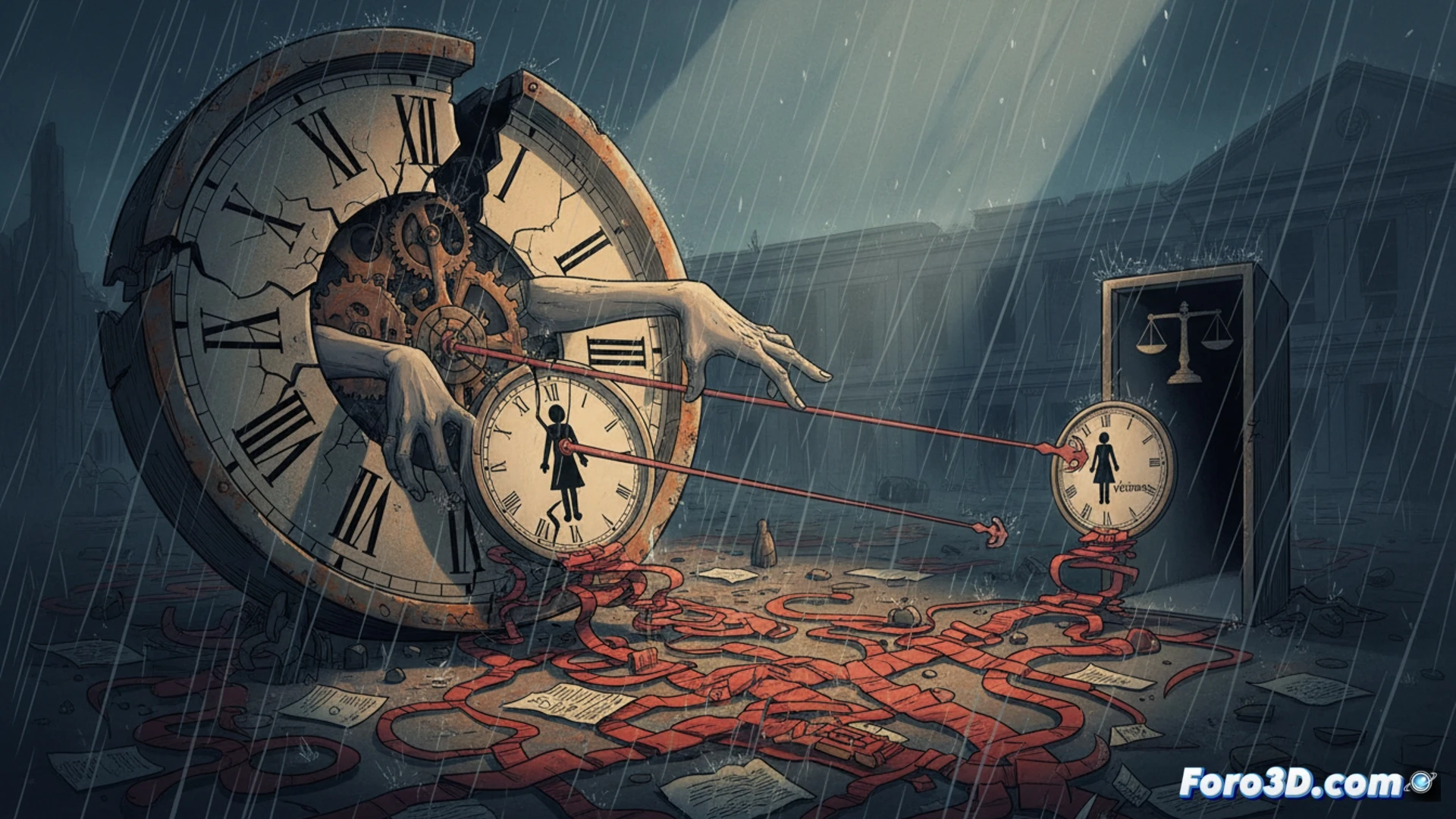 courtroom overwhelmed by stacked case files and digital evidence screens, a judge reviewing a tablet while a victim advocate waits with a binder of forensic reports, police officer handing over a sealed evidence bag late, clock on wall showing years passing, realistic technical illustration style, muted institutional lighting, focus on procedural delay and resource scarcity, photorealistic legal environment render