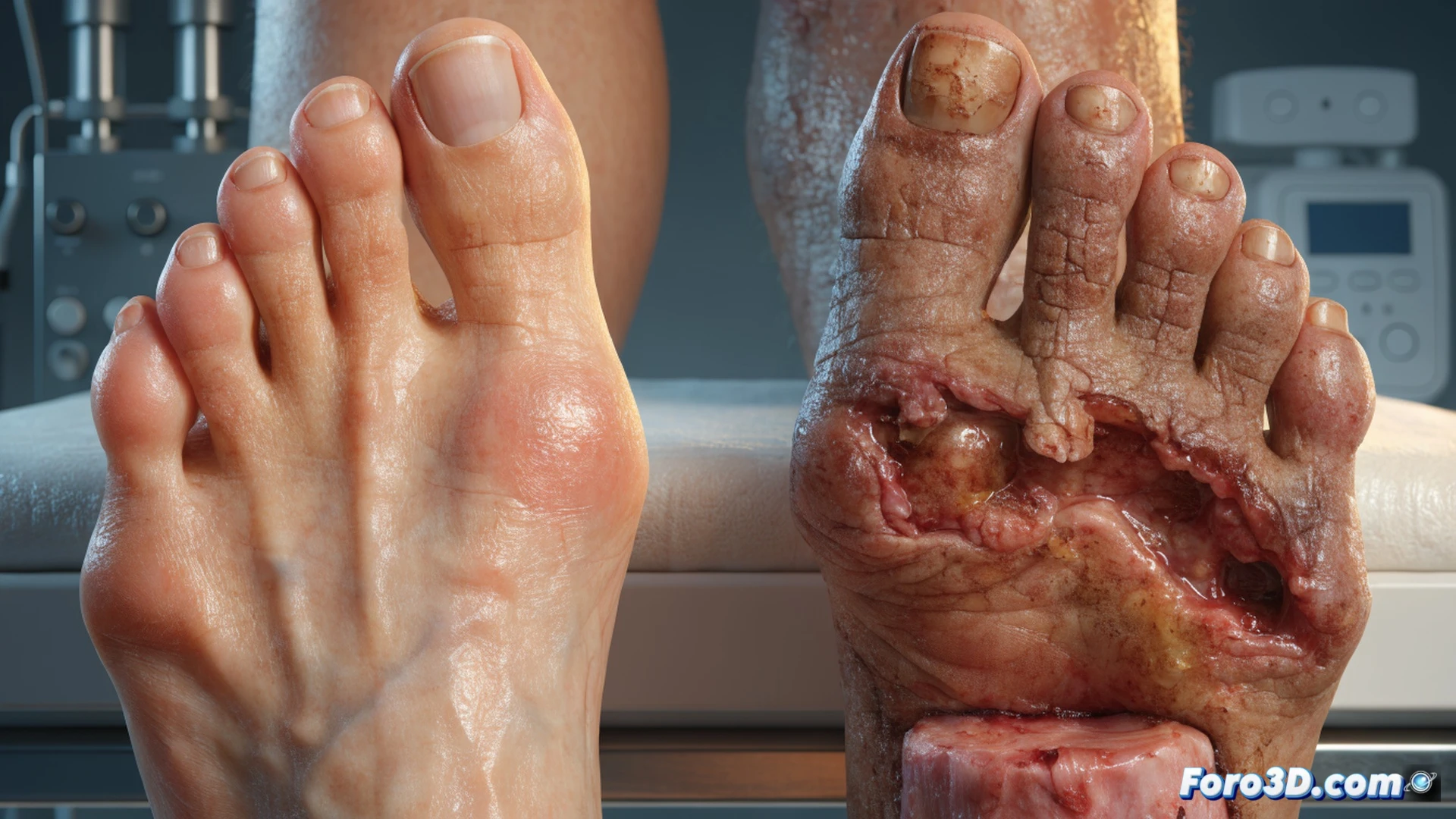 photorealistic medical illustration of a diabetic foot examination scene, a podiatrist using a monofilament tool to test sensation on the sole of a patient foot, a small ulcer wound visible on the heel, magnifying glass and dermatoscope on a sterile tray, clinical white room with soft blue ambient light, doctor wearing latex gloves gently lifting the foot, patient sitting on an examination bed, anatomical foot chart on the wall showing nerve zones, dramatic side lighting highlighting skin texture and medical instruments, ultra-detailed medical equipment, cinematic technical visualization