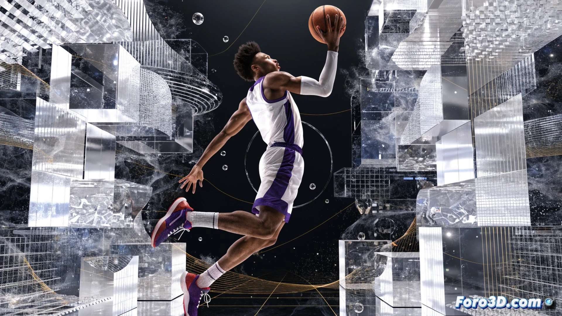 NBA basketball player mid-air jump shot release, Anfernee Simons silhouette exploding upward from hardwood court, defensive hand closing in, glowing trajectory lines tracing ball arc from fingertips through hoop, vertical leap force vectors radiating from legs, pick and roll screen action visible in background with defensive rotation, biomechanical joint angles highlighted in cyan and orange, muscle fiber tension lines along shooting arm, court perspective showing three-point line and key, cinematic sports science visualization, dramatic arena lighting with rim shadows, ultra-detailed muscle and skeletal overlay, photorealistic technical anatomy render