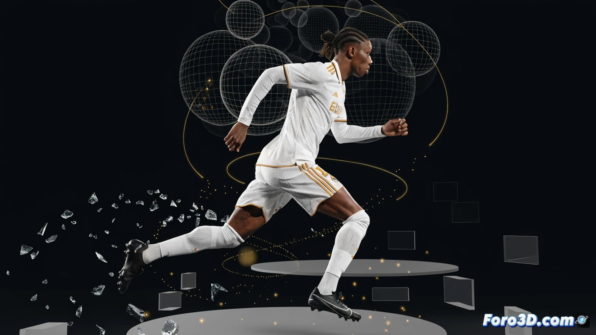 Aurélien Tchouaméni mid-air interception sequence, 3D tactical analysis view, player lunging horizontally to block a pass while his long arms and legs create a wide defensive barrier, green and blue positional heatmap trails behind him showing intelligent movement, football pitch grid lines on synthetic grass, cinematic sports science visualization, photorealistic muscle tension in thigh and core, motion blur on ball trajectory, glowing red arrow indicating his recovery run path, dynamic stadium floodlights, ultra-detailed kit fabric texture