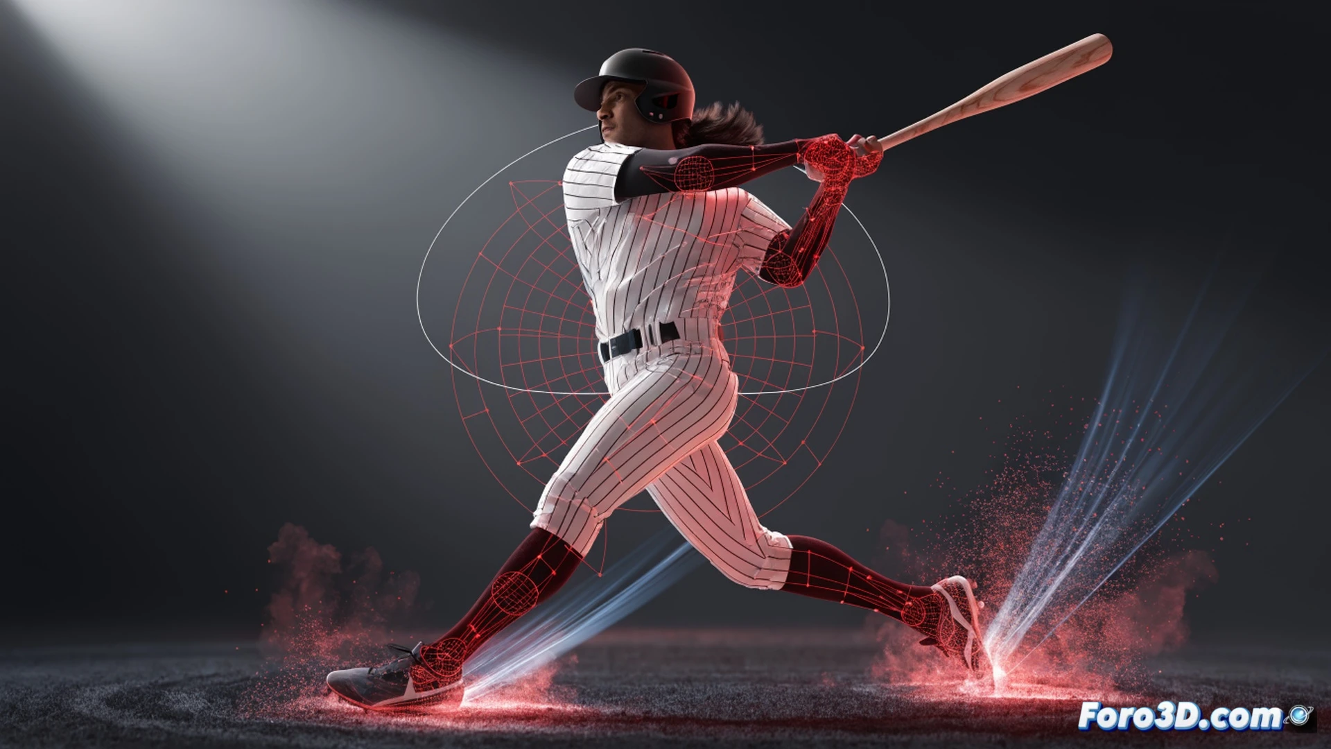 bateador de cricket en pleno swing explosivo, modelo 3D wireframe superpuesto mostrando biomecánica, centro de gravedad bajo y desplazado, pies girando con fuerza sobre el suelo, bate de béisbol generando ángulo de impacto letal, líneas de trayectoria del bate y del cuerpo en movimiento, músculos tensos, postura agresiva, fondo oscuro con rejilla técnica, iluminación dramática desde abajo, estilo cinematic technical illustration, photorealistic render, alta definición, detalles de ingeniería deportiva, simulación de fuerzas y vectores, acción congelada en el momento del impacto