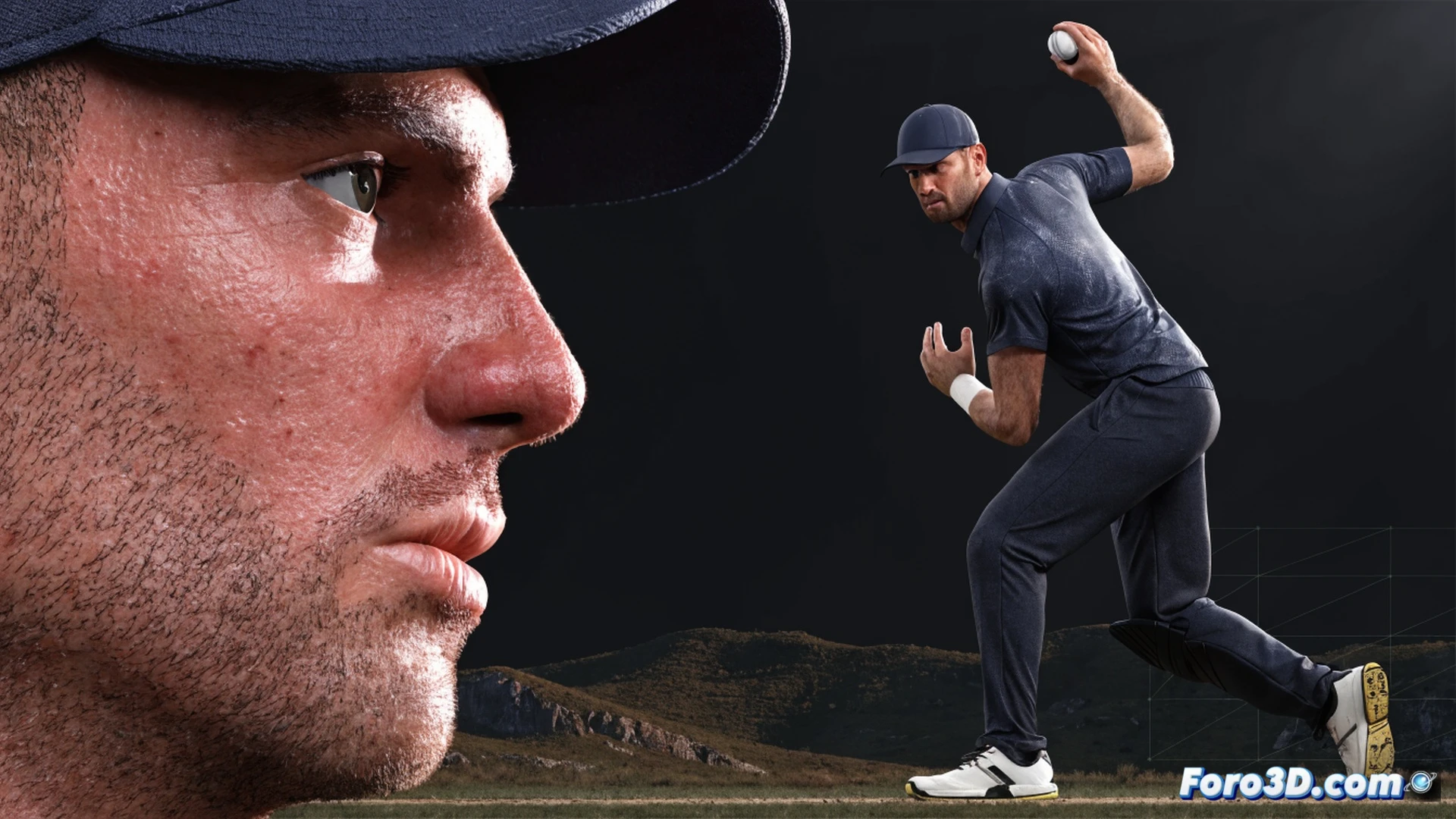 Professional cricket player Aaron Hardie in mid-bowling action, 3D motion-capture skeleton overlay showing kinetic chain, red trajectory lines from bowling arm to pitch, green biomechanical force arrows on legs and torso, batting stance inset with bat swing path, technical data panels floating in background, photorealistic engineering visualization, dark studio lighting with rim light on athlete, hyper-detailed muscle definition under compression shirt, ultra-sharp focus on wrist position during delivery, cinematic volumetric fog, 4K technical render